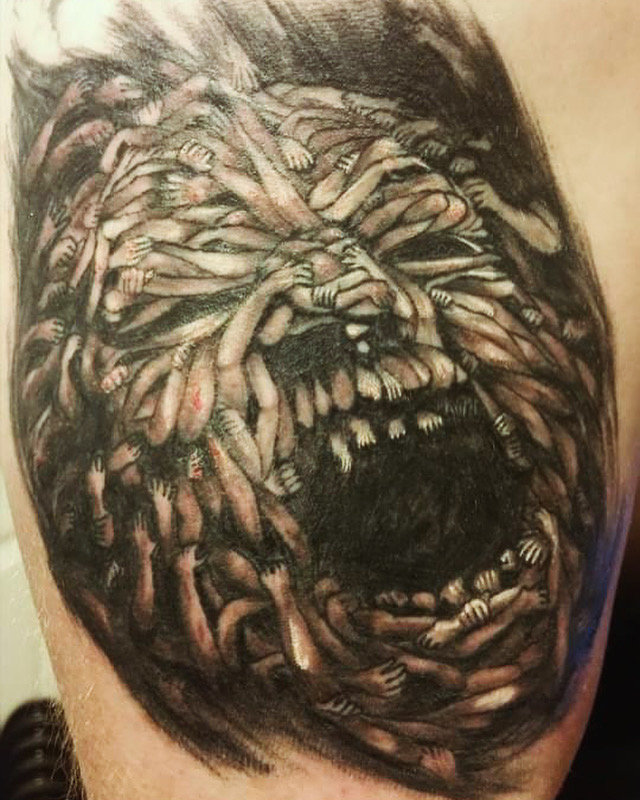 Black and grey horror face formed from intertwined human bodies cover-up by Jin
