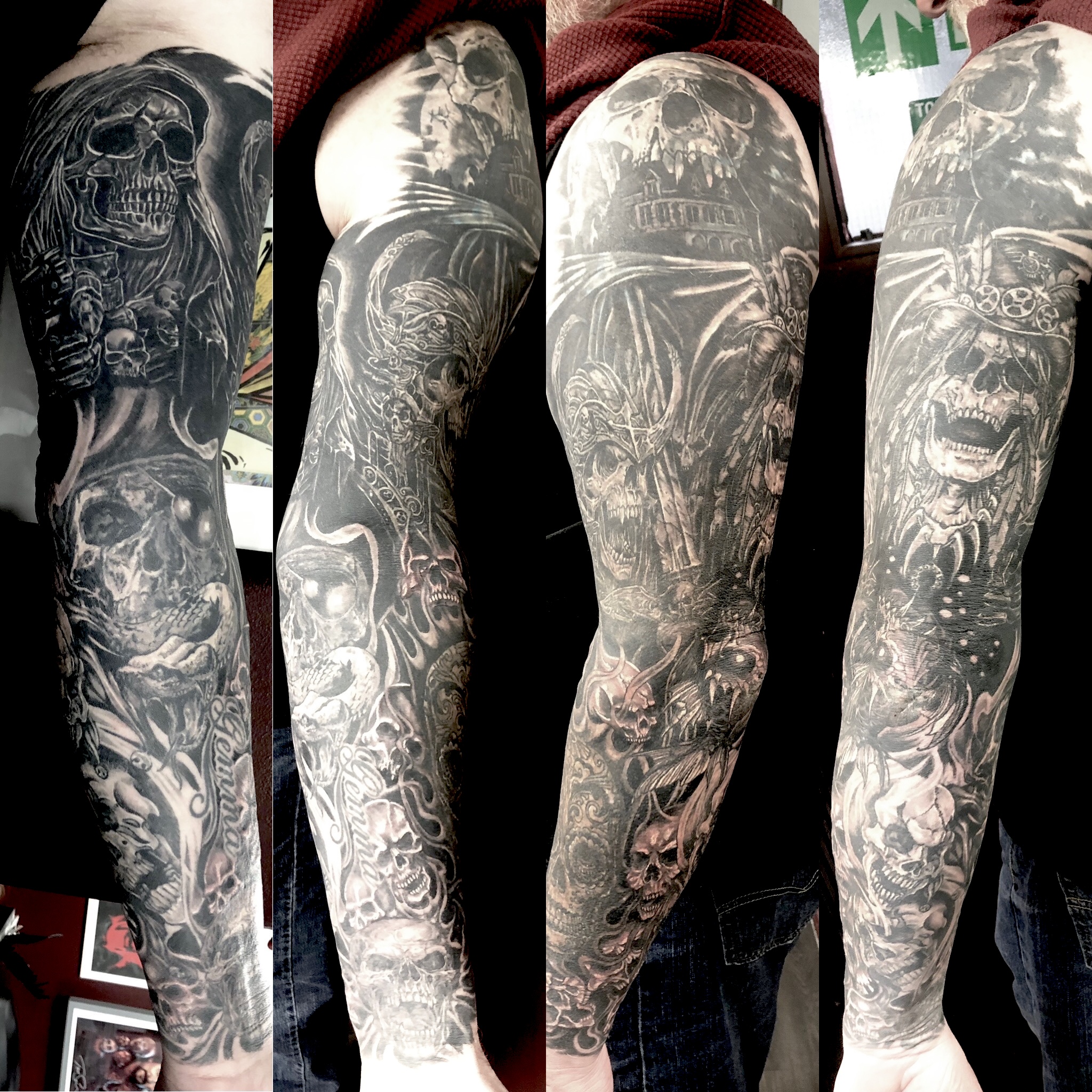 Black and grey horror full sleeve cover-up with skulls, grim reapers and demons shown from multiple angles by Jin