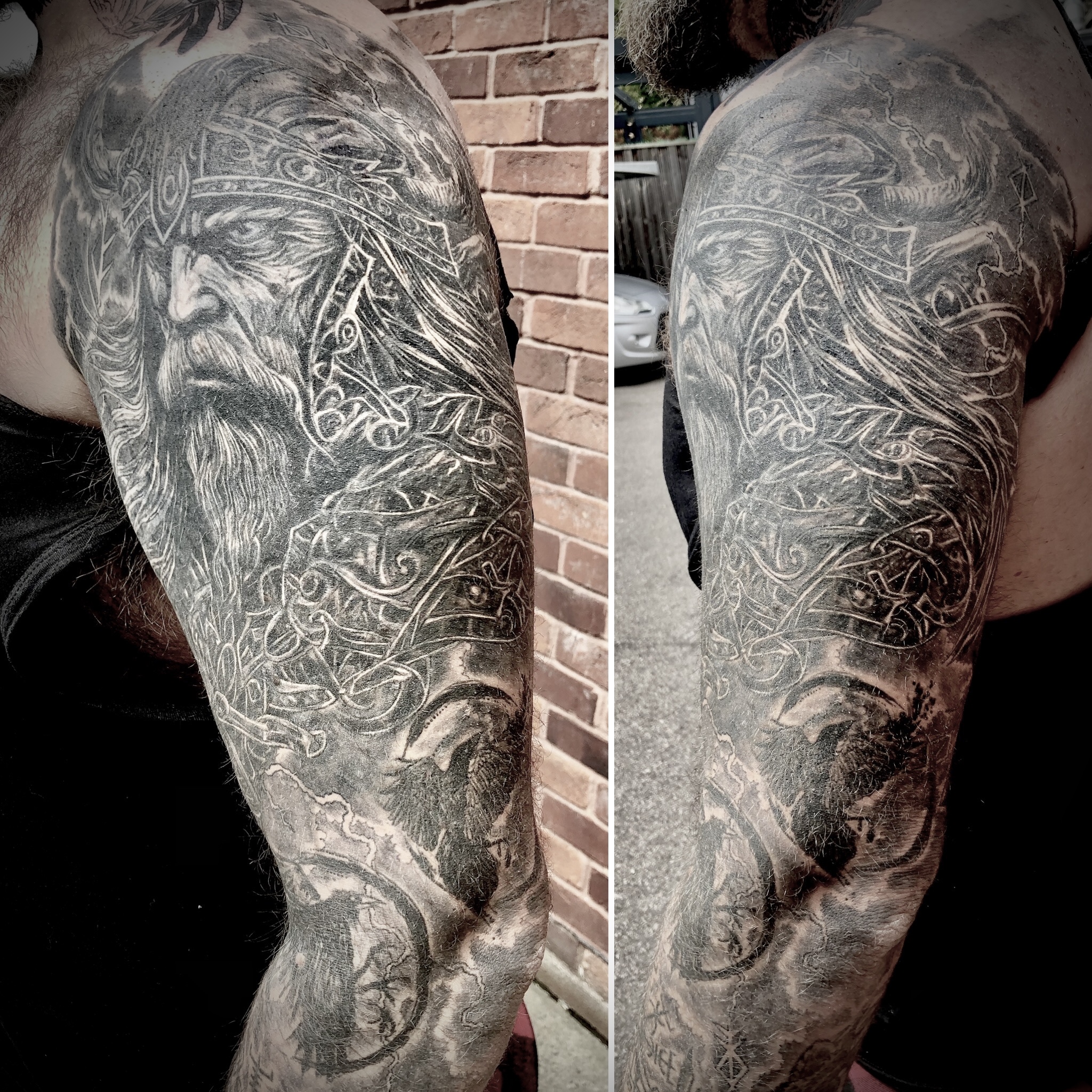 Black and grey Norse Viking warrior full sleeve with Celtic knotwork cover-up by Jin
