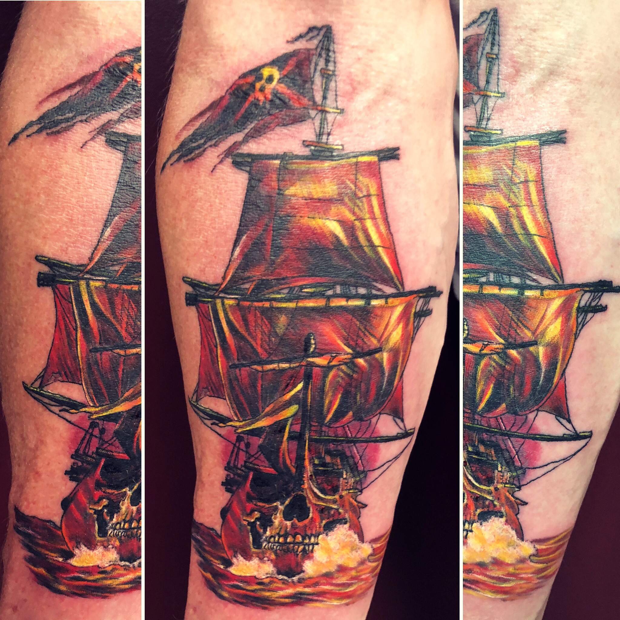 Colour pirate galleon with skull bow and red sails cover-up on forearm by Jin