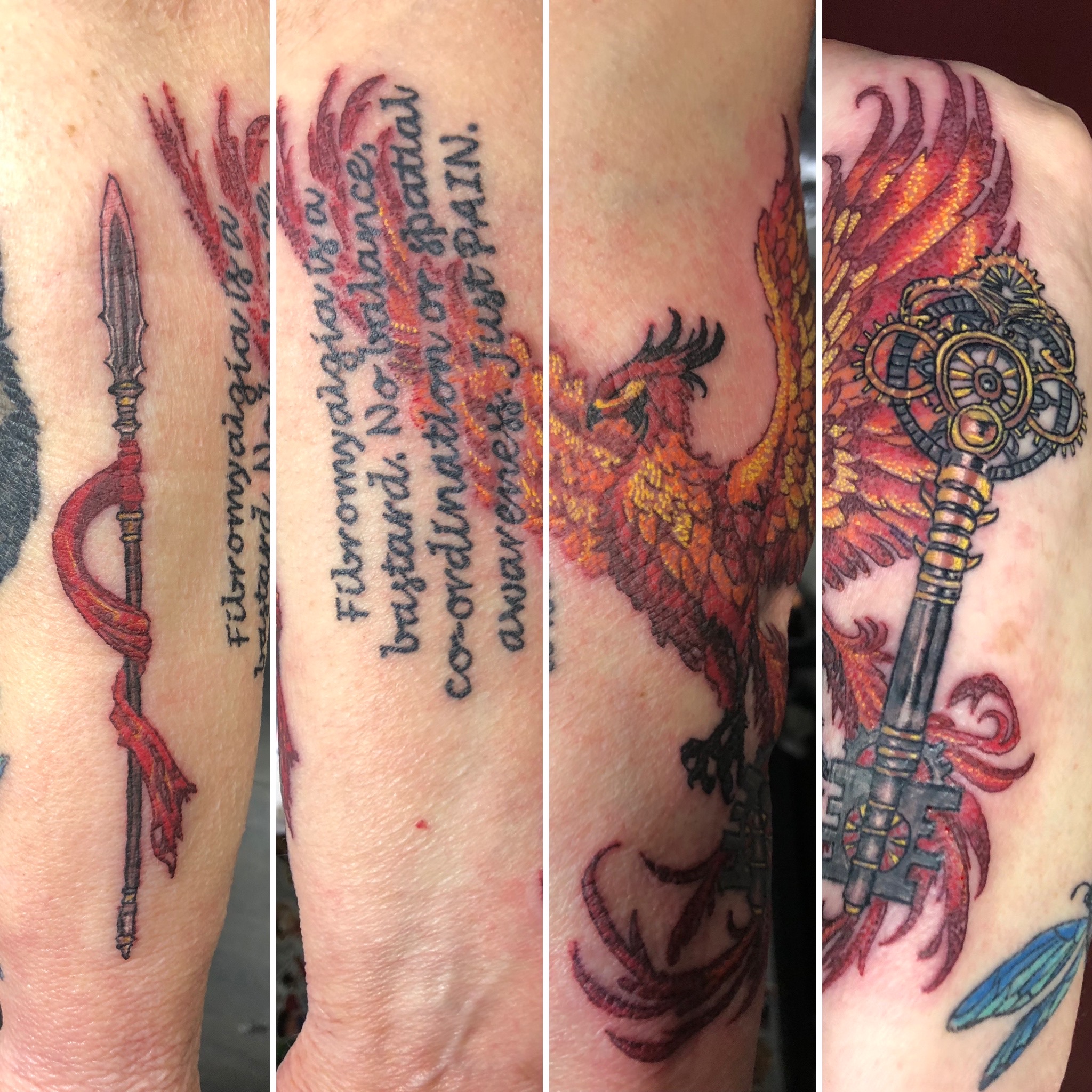 Colour Harry Potter themed collage with wand, script lettering, phoenix and steampunk key by Jin