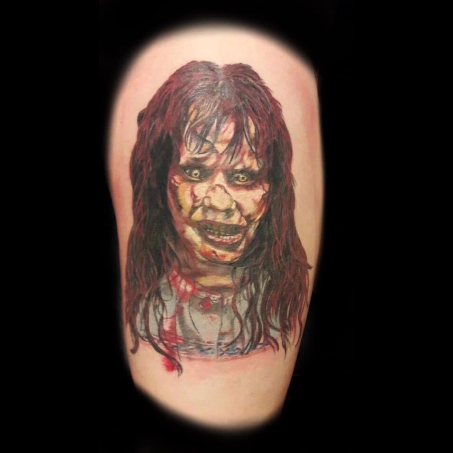 Colour realistic possessed Regan from The Exorcist thigh piece by Jin