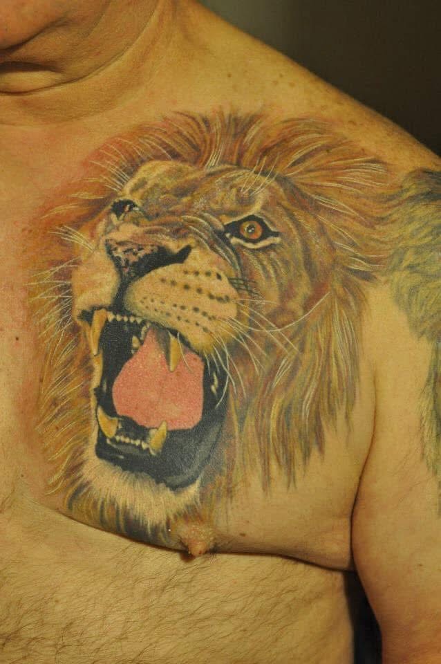 Colour realistic roaring lion chest piece by Jin