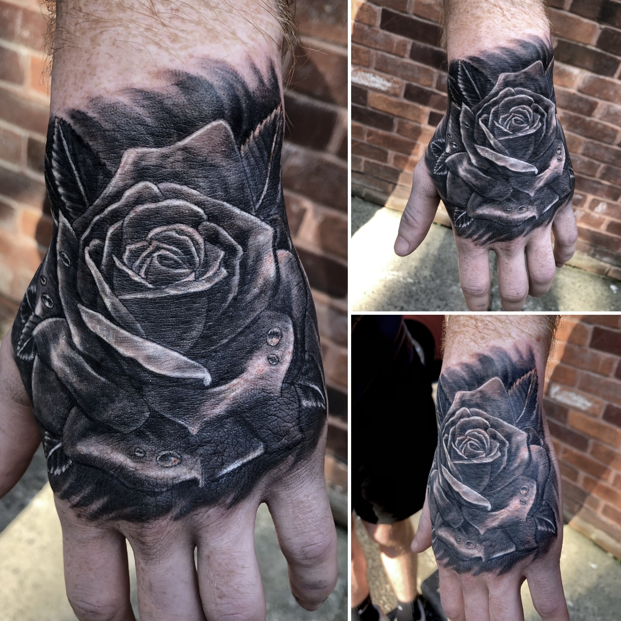 Black and grey realistic rose with water droplets full hand tattoo by Jin