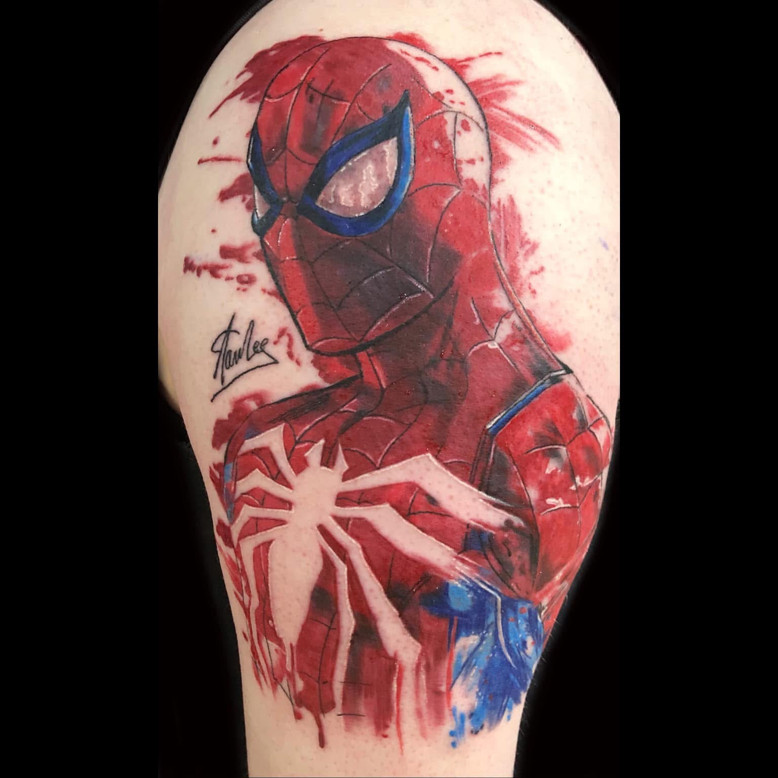 Colour Spider-Man upper arm piece in watercolour splatter style with Stan Lee signature by Jin