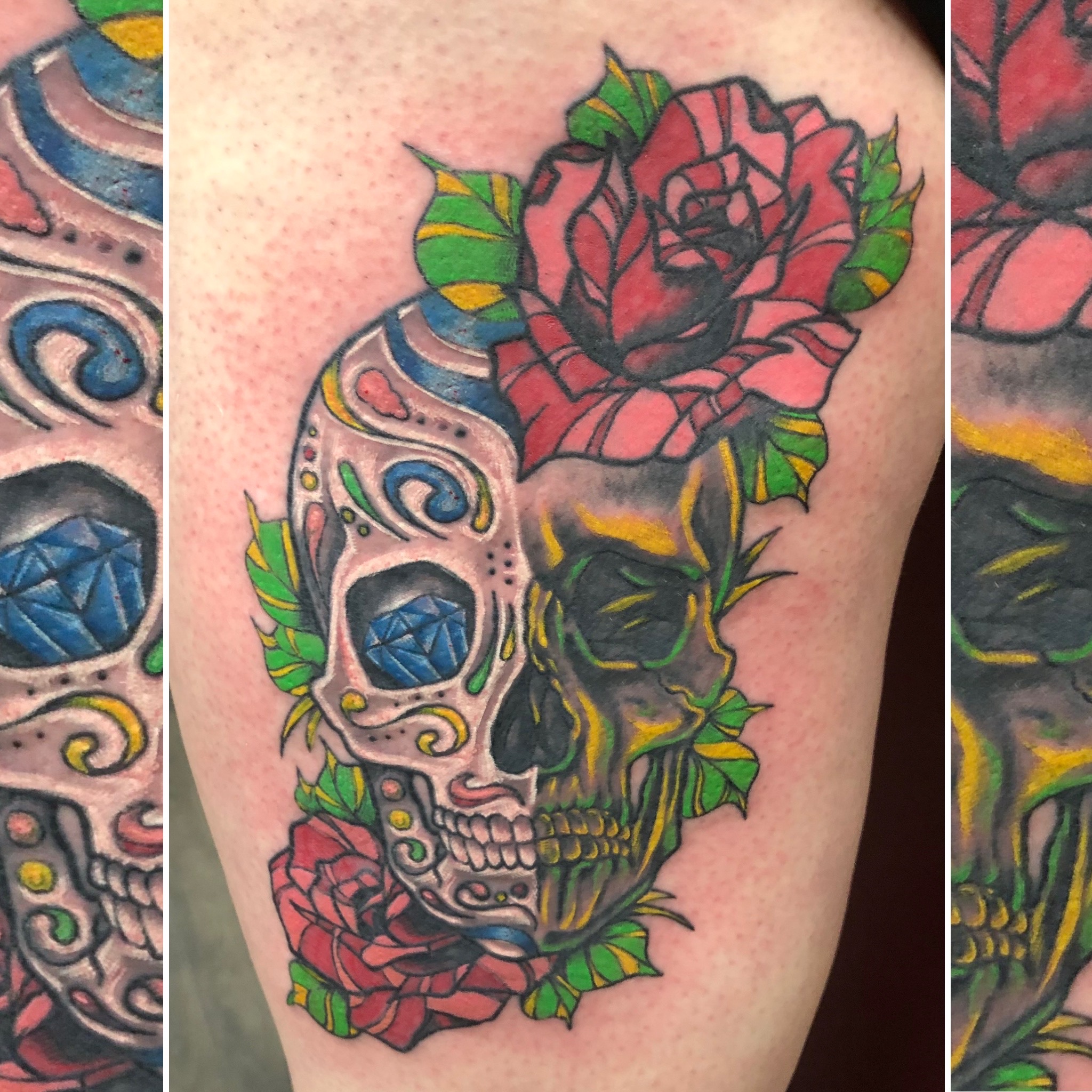 Colour sugar skull with diamond eyes and roses thigh piece by Jin