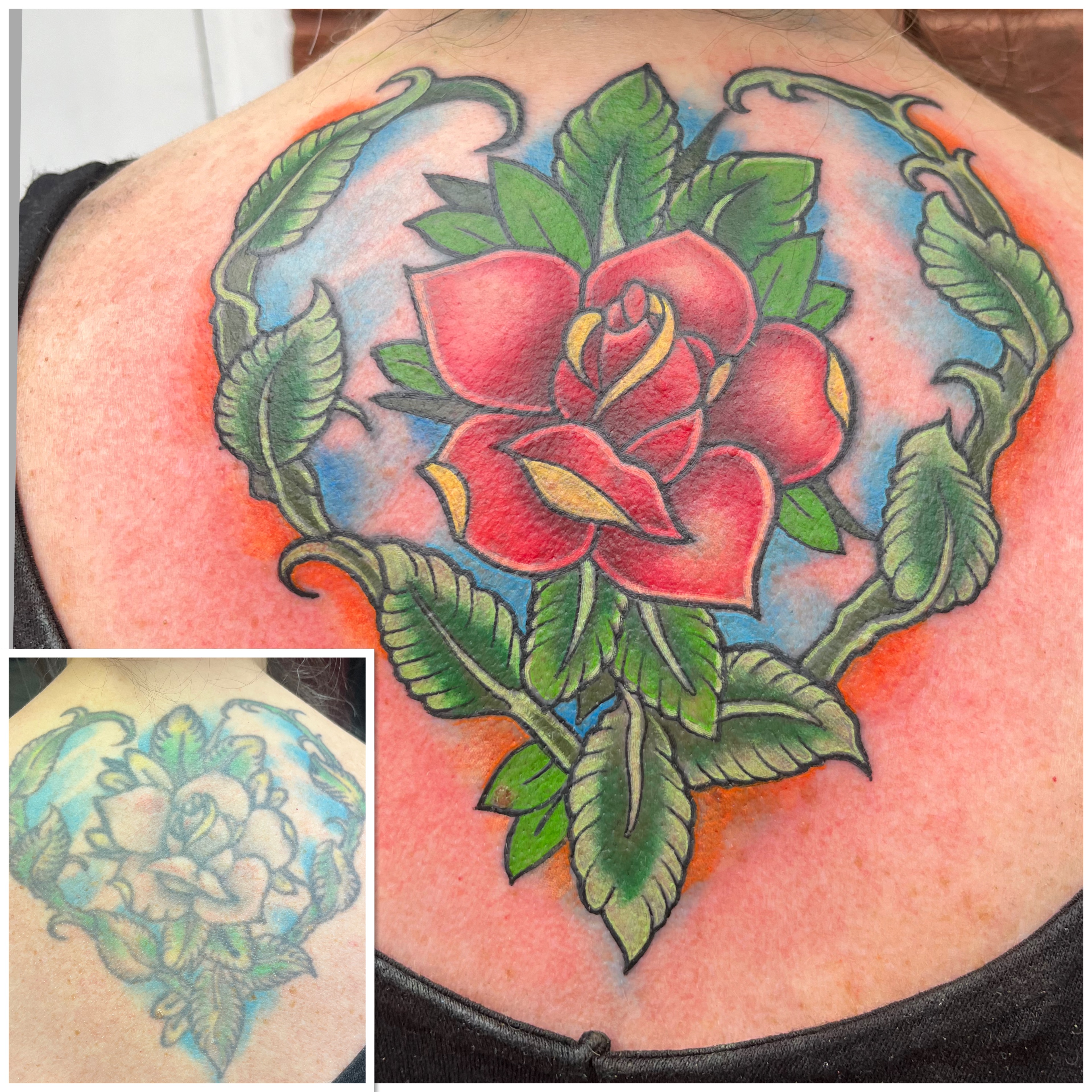 Neo-traditional rose in heart-shaped vine frame cover-up tattoo by Leo