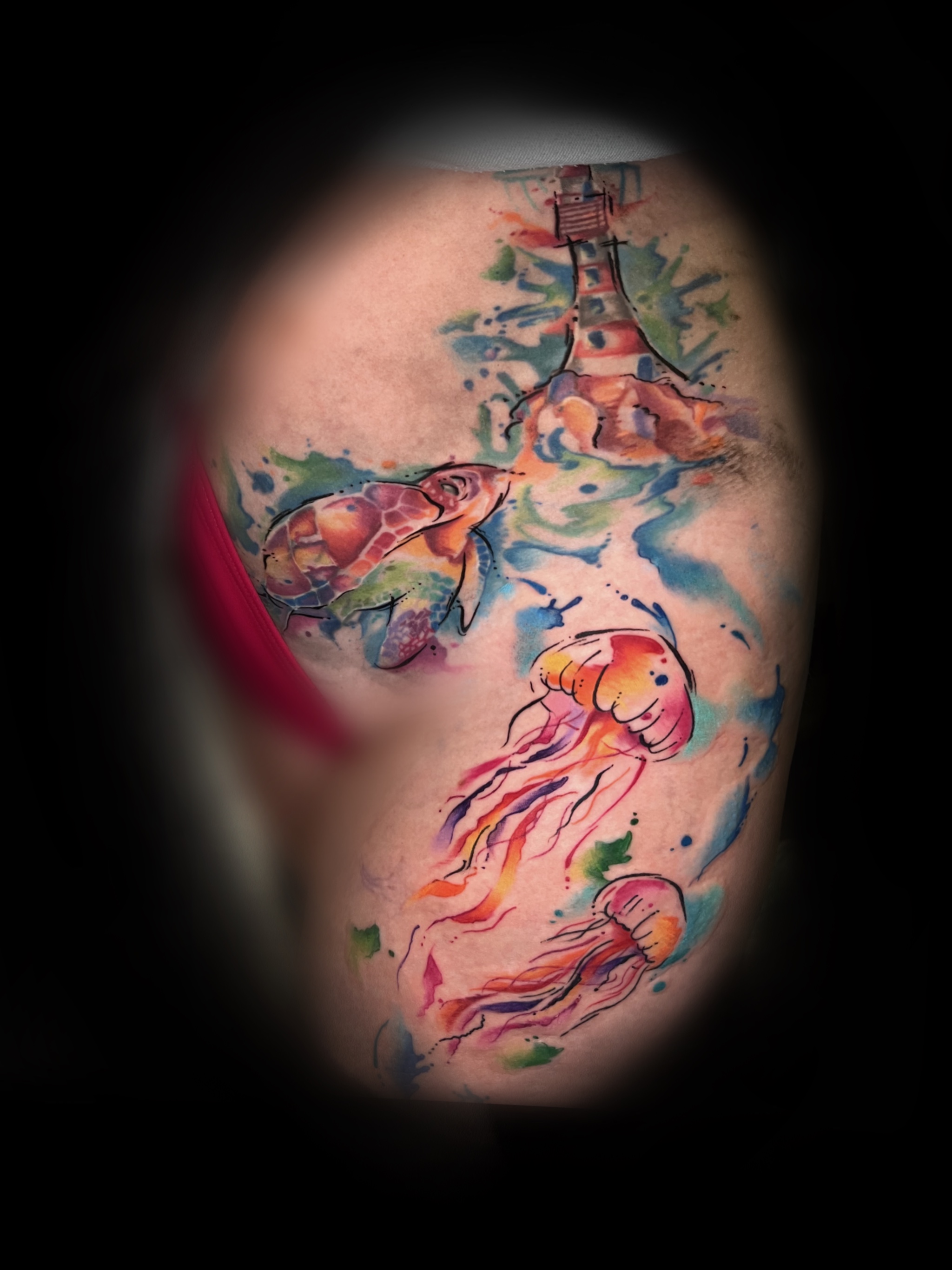 Watercolour sea scene with lighthouse, turtle and jellyfish by Leo