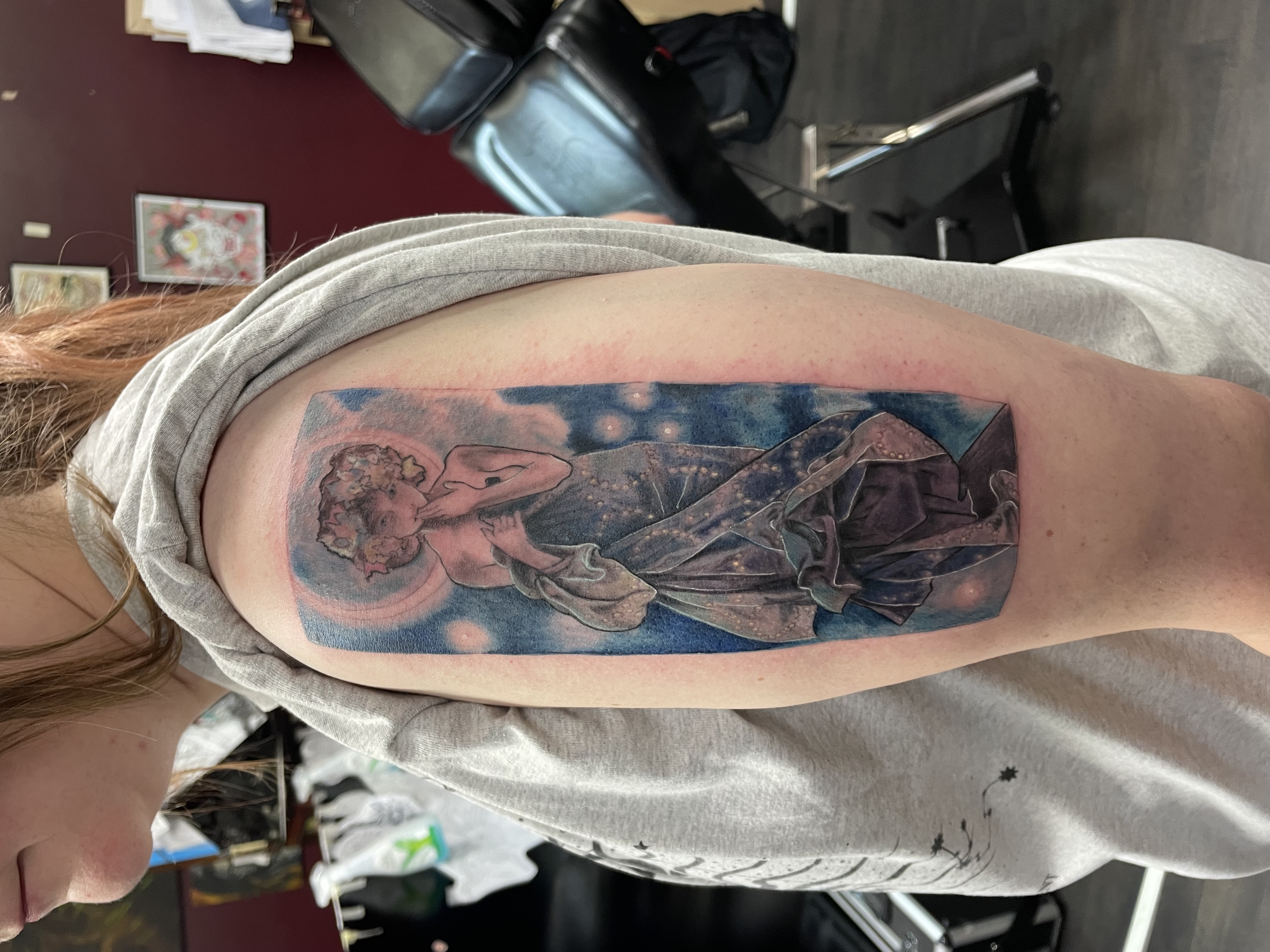 Colour Art Nouveau woman in Alphonse Mucha style with starry gown upper arm piece by Matt