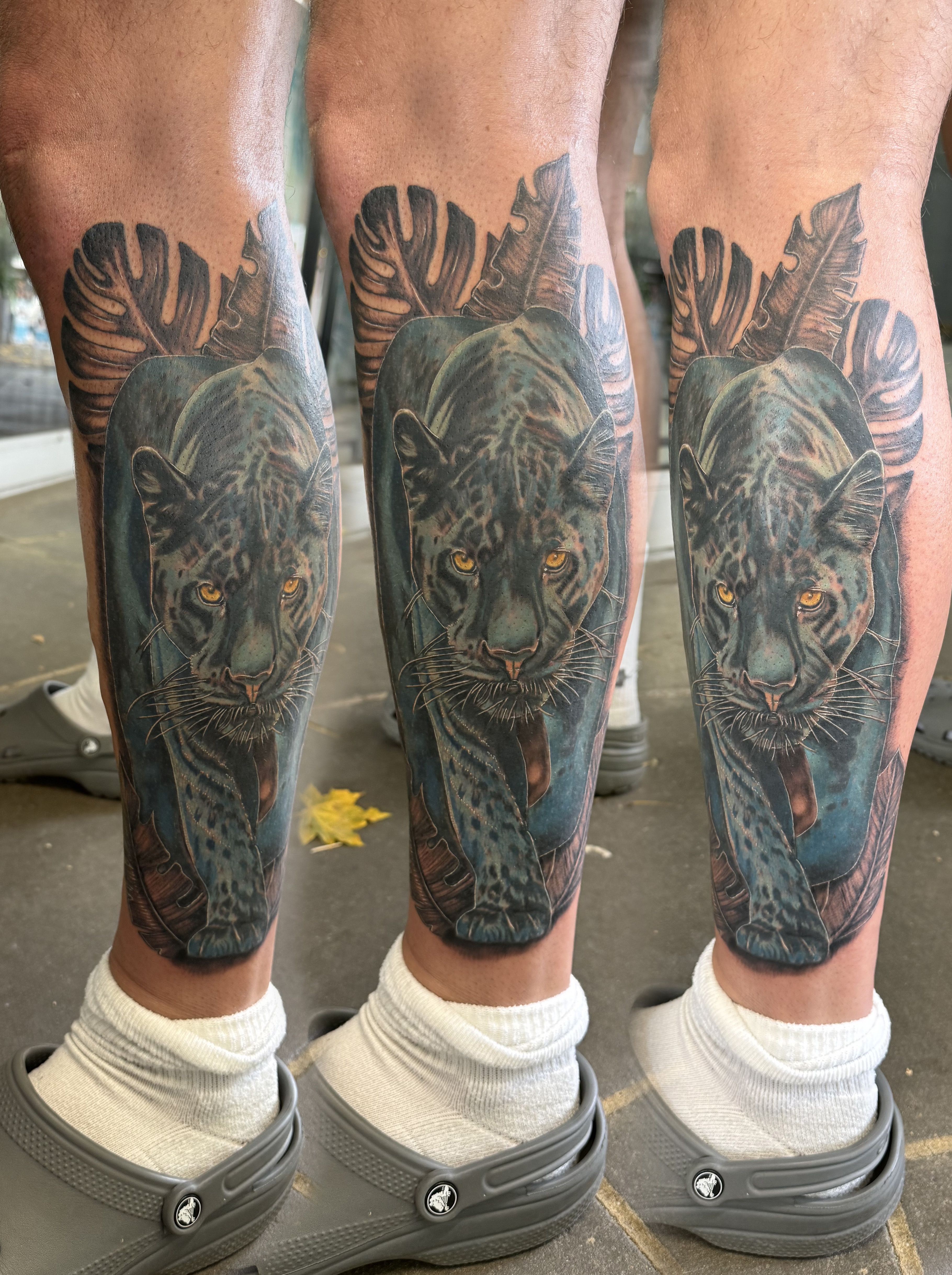 Colour realistic black jaguar prowling through tropical monstera leaves calf piece by Matt