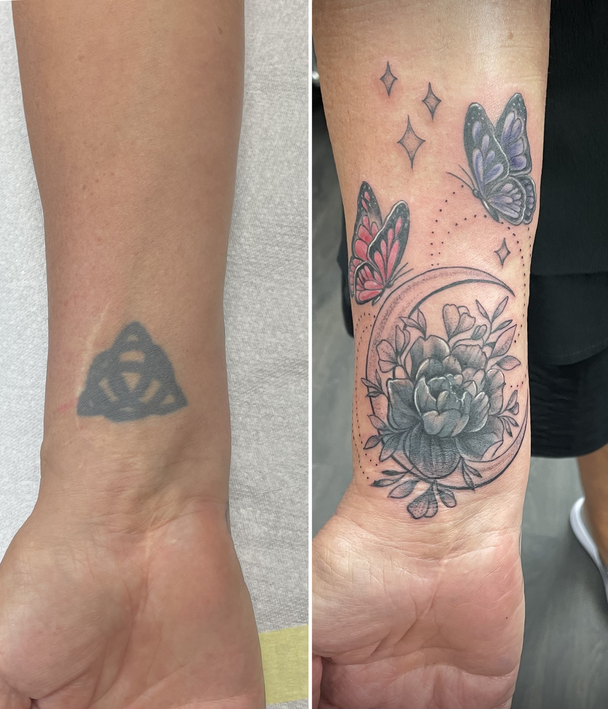Colour butterflies with crescent moon and peony wrist cover-up over Celtic knot by Matt