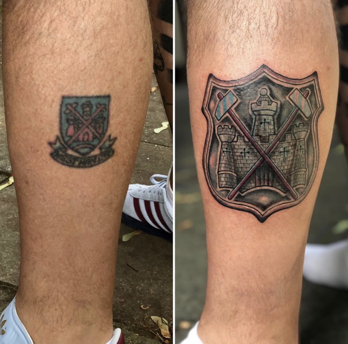 Colour detailed football club crest shield calf cover-up over old faded badge by Matt