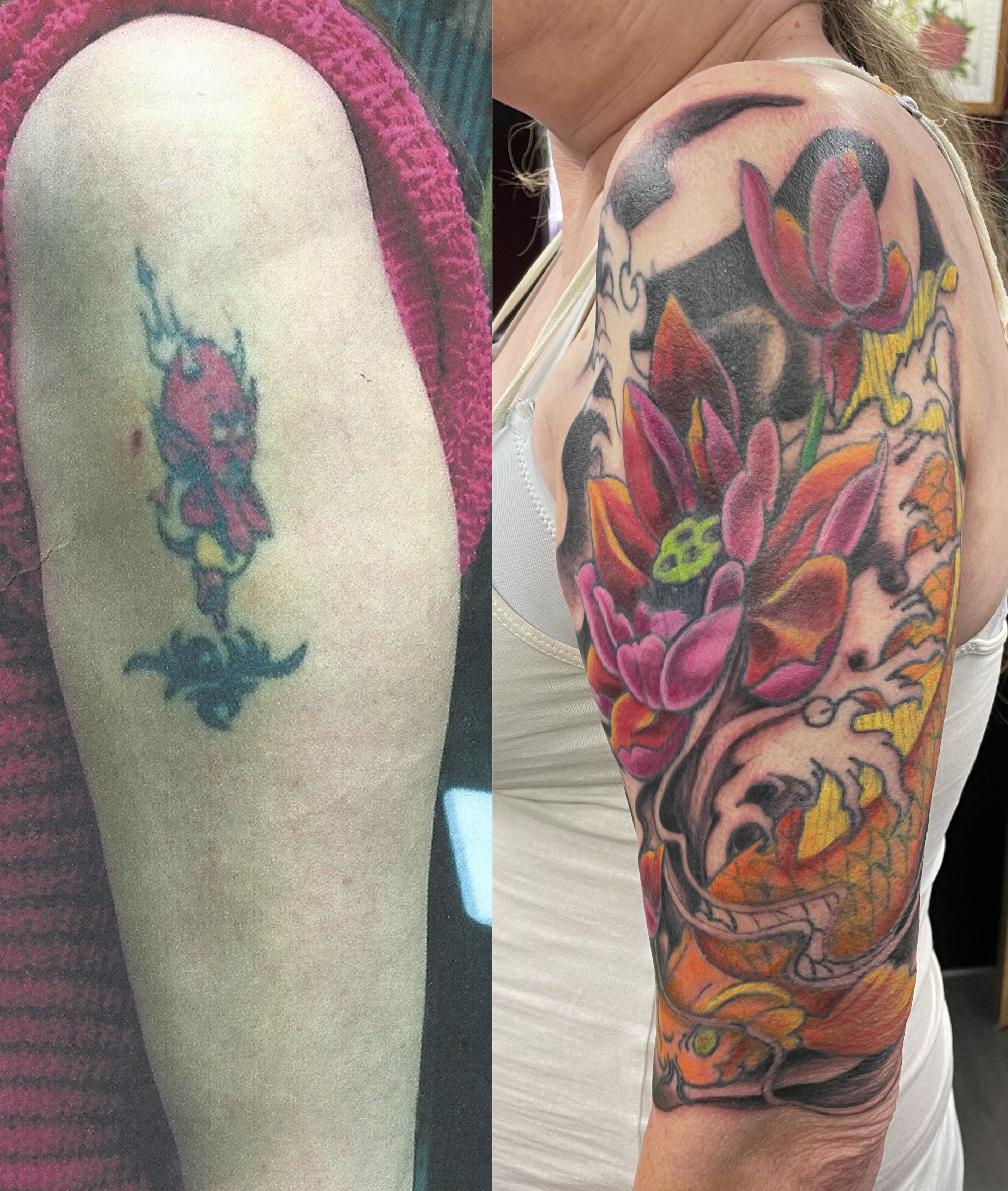 Colour Japanese koi fish with lotus flowers and waves half sleeve cover-up by Matt