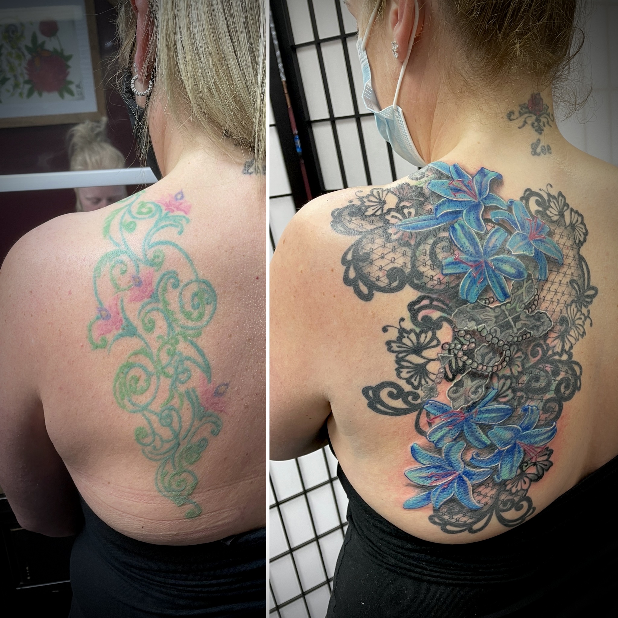 Colour blue lilies with black lace and pearls back piece cover-up over faded vine scroll by Matt