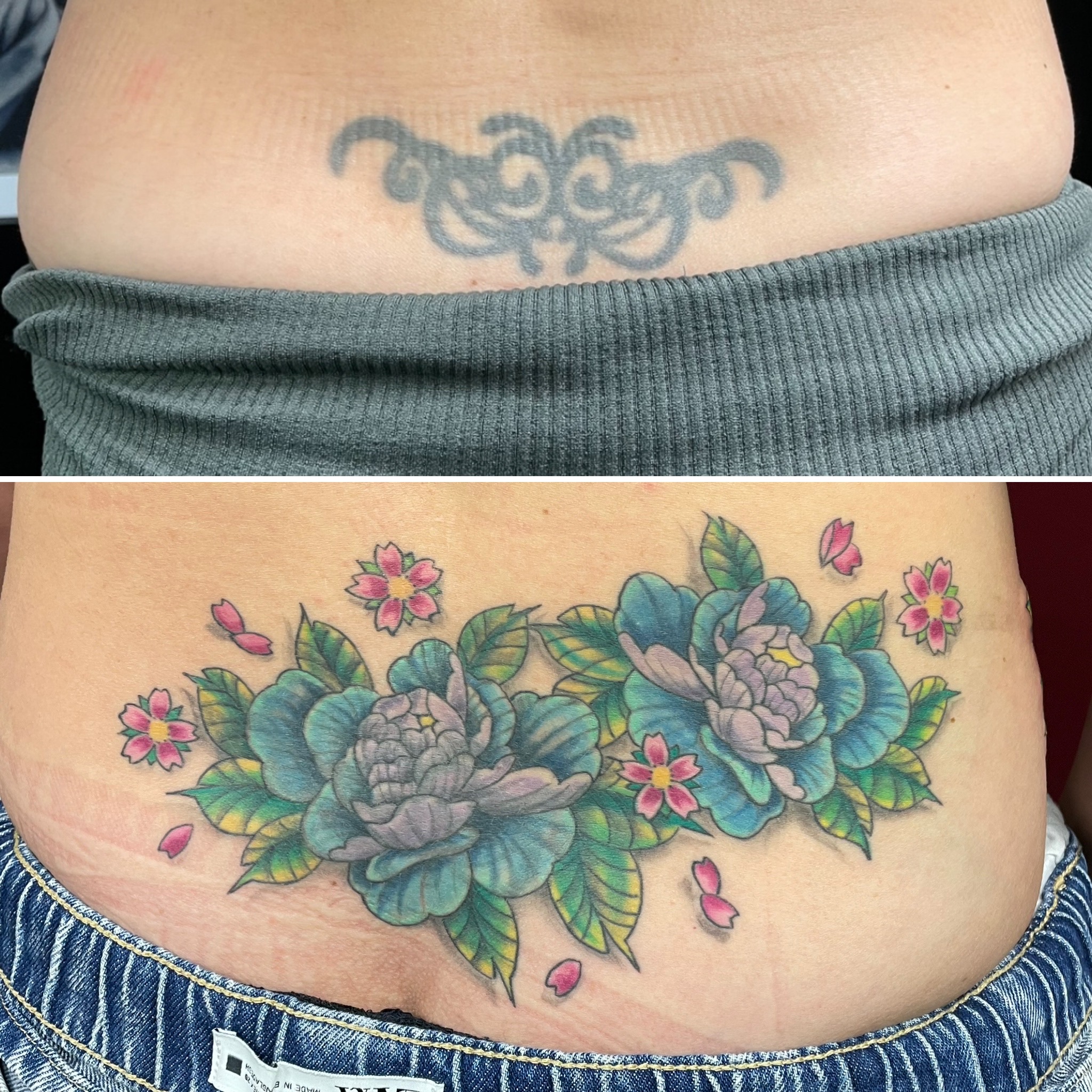 Colour teal peonies with pink cherry blossoms lower back cover-up by Matt
