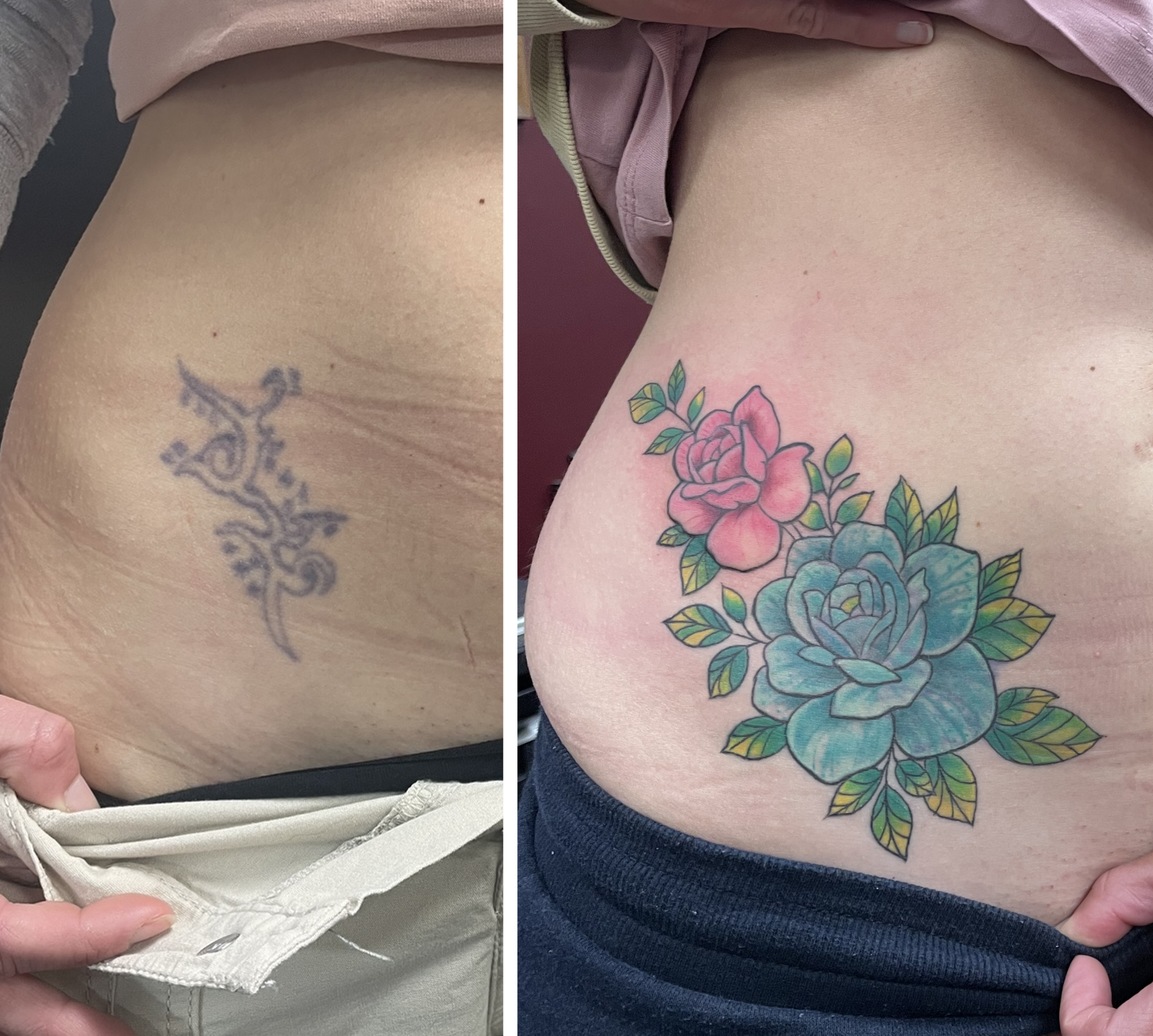 Colour pink and blue roses with green leaves hip cover-up over faded tribal by Matt