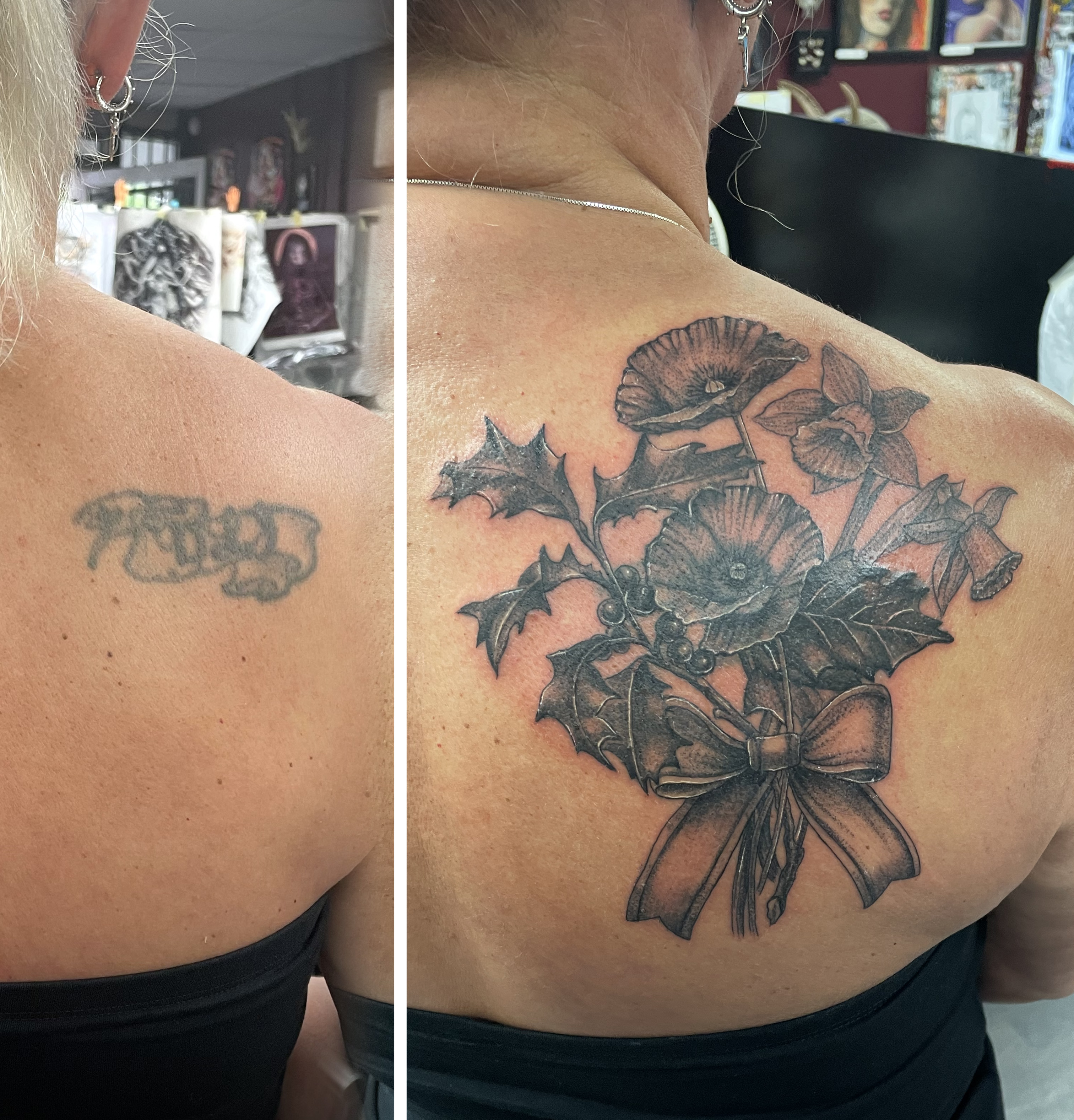 Black and grey poppies, holly and daffodils bouquet with ribbon bow shoulder blade cover-up by Matt