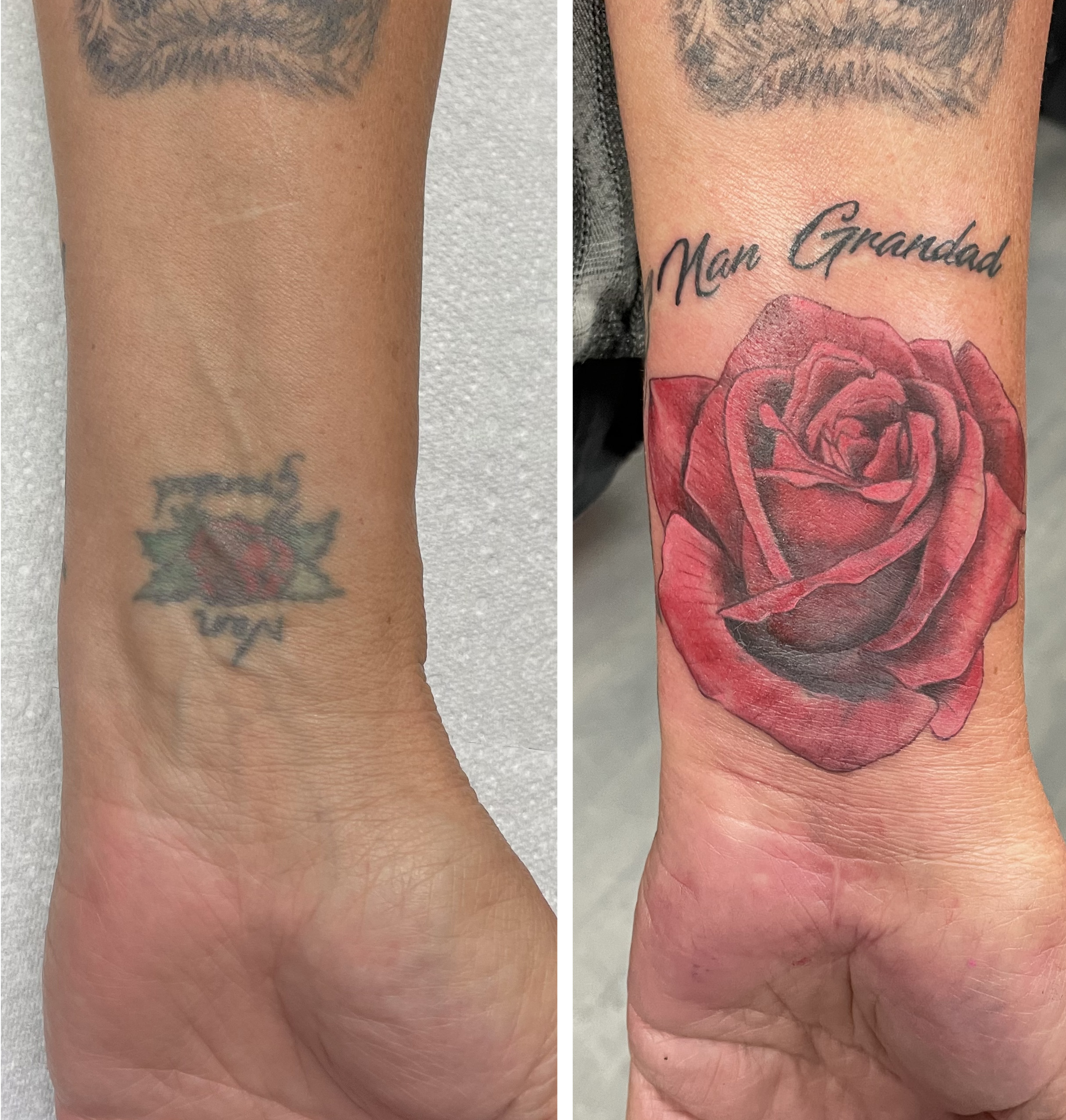 Colour realistic red rose wrist cover-up over old faded rose by Matt