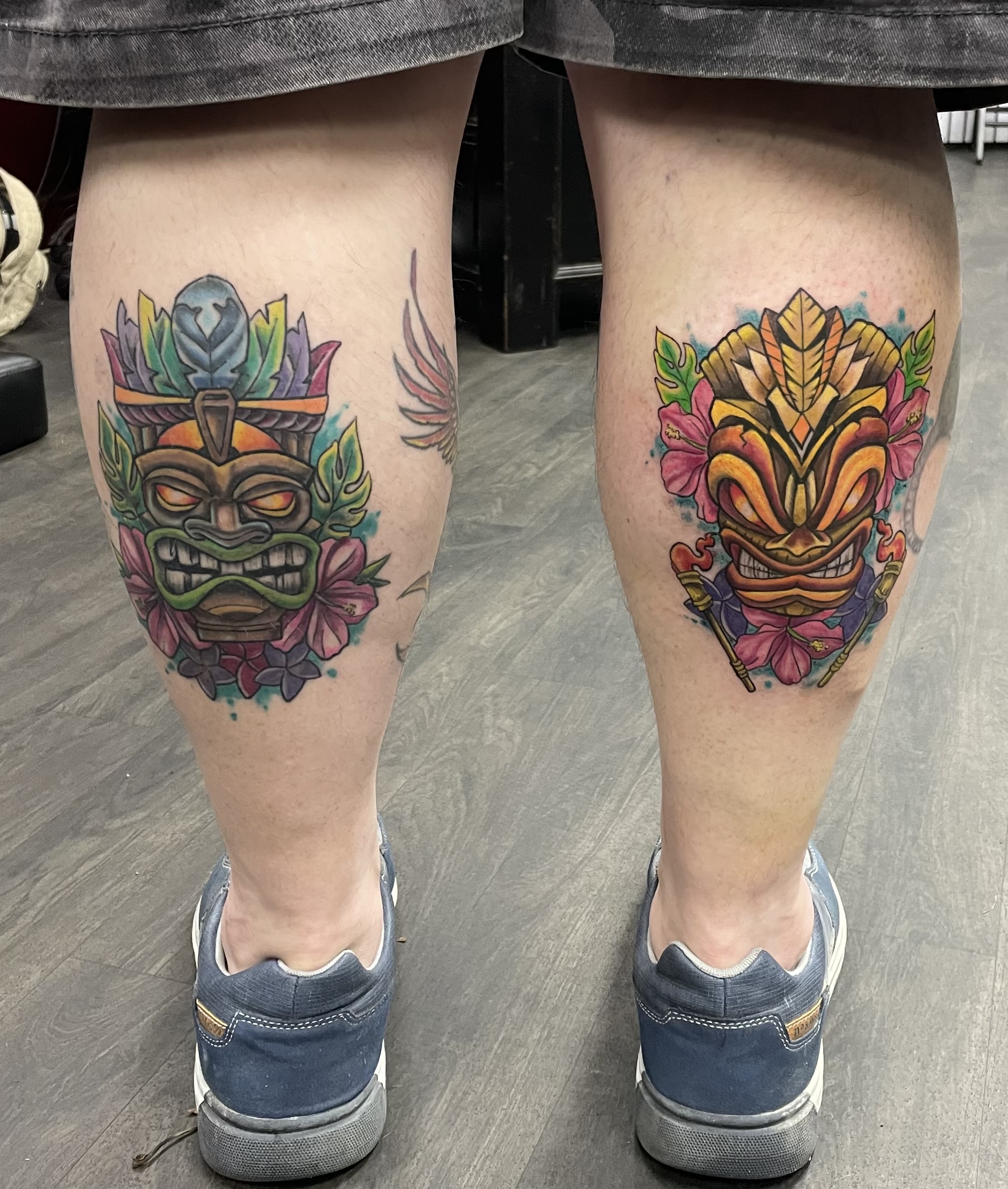 Colour Crash Bandicoot Aku Aku and Uka Uka tiki masks with hibiscus matching calf pieces by Matt