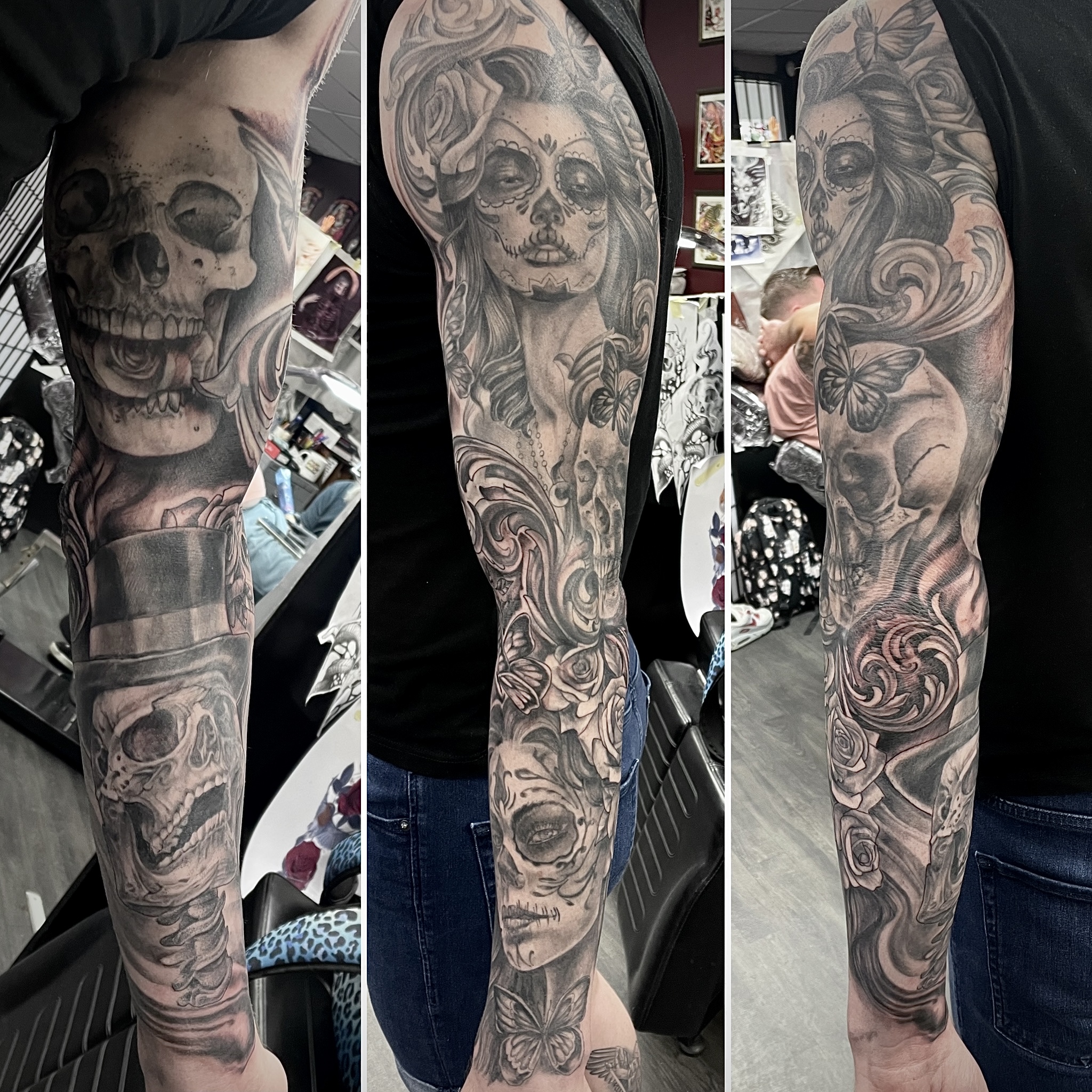 Black and grey Day of the Dead full sleeve with sugar skull women, skulls, roses and butterflies by Matt