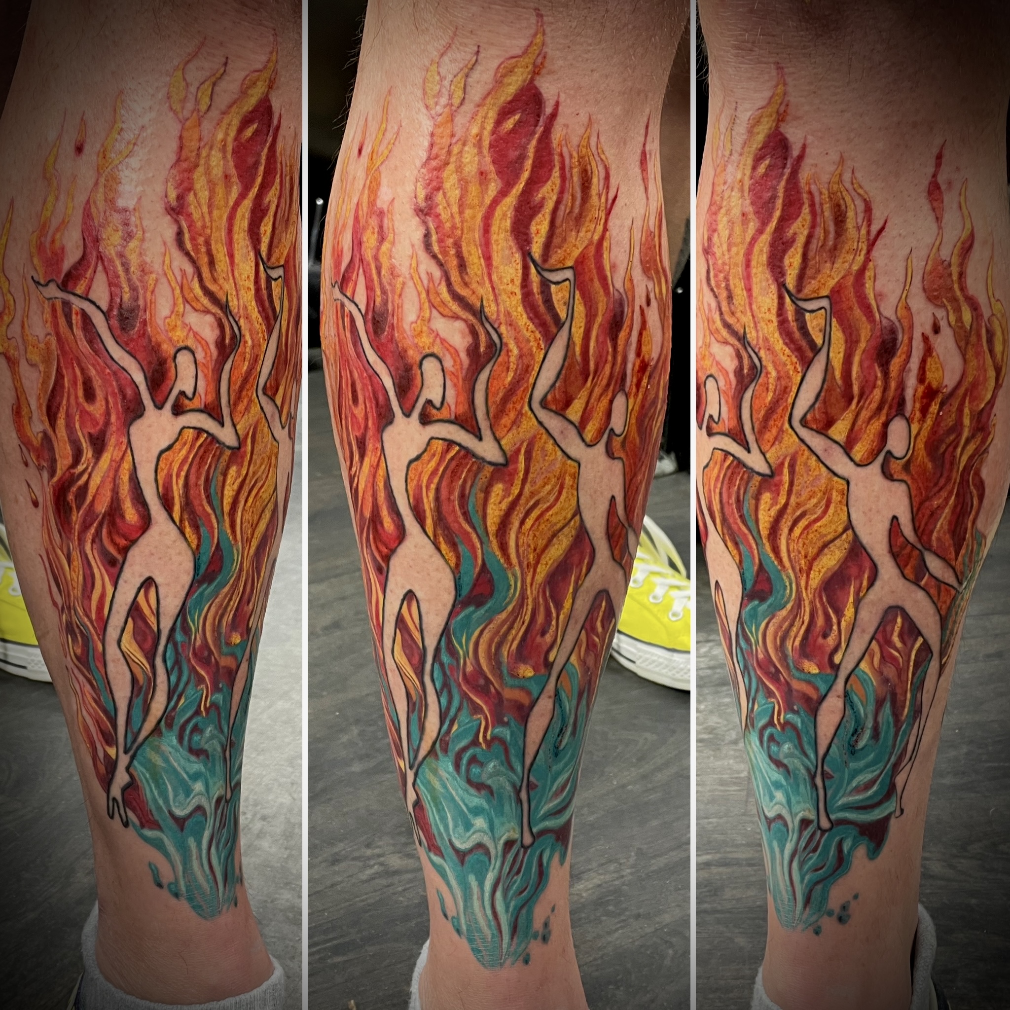 Colour fire and water dancer silhouette calf piece with flames and teal waves by Matt