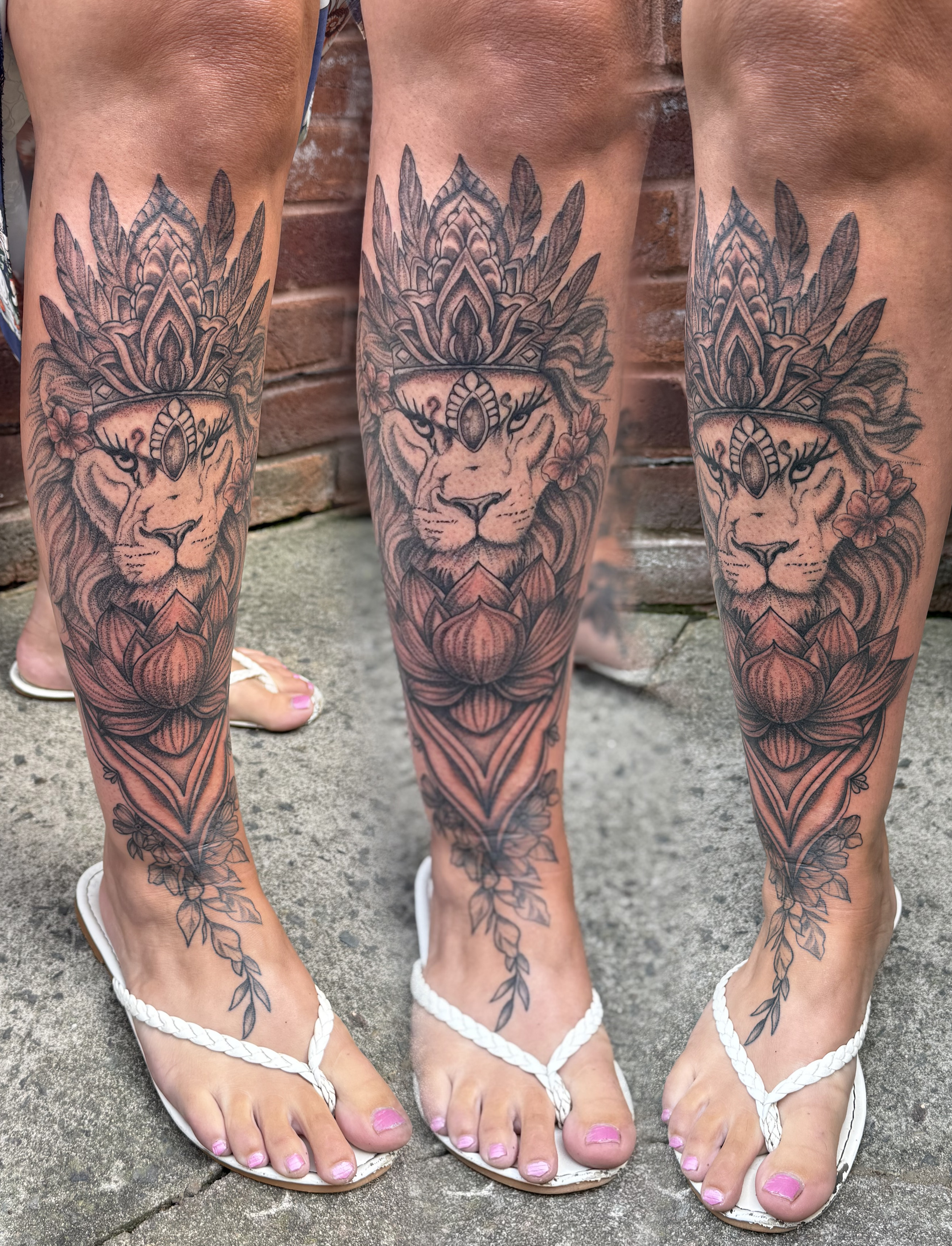 Black and grey ornamental lion with mandala crown and lotus flower shin to foot piece by Matt