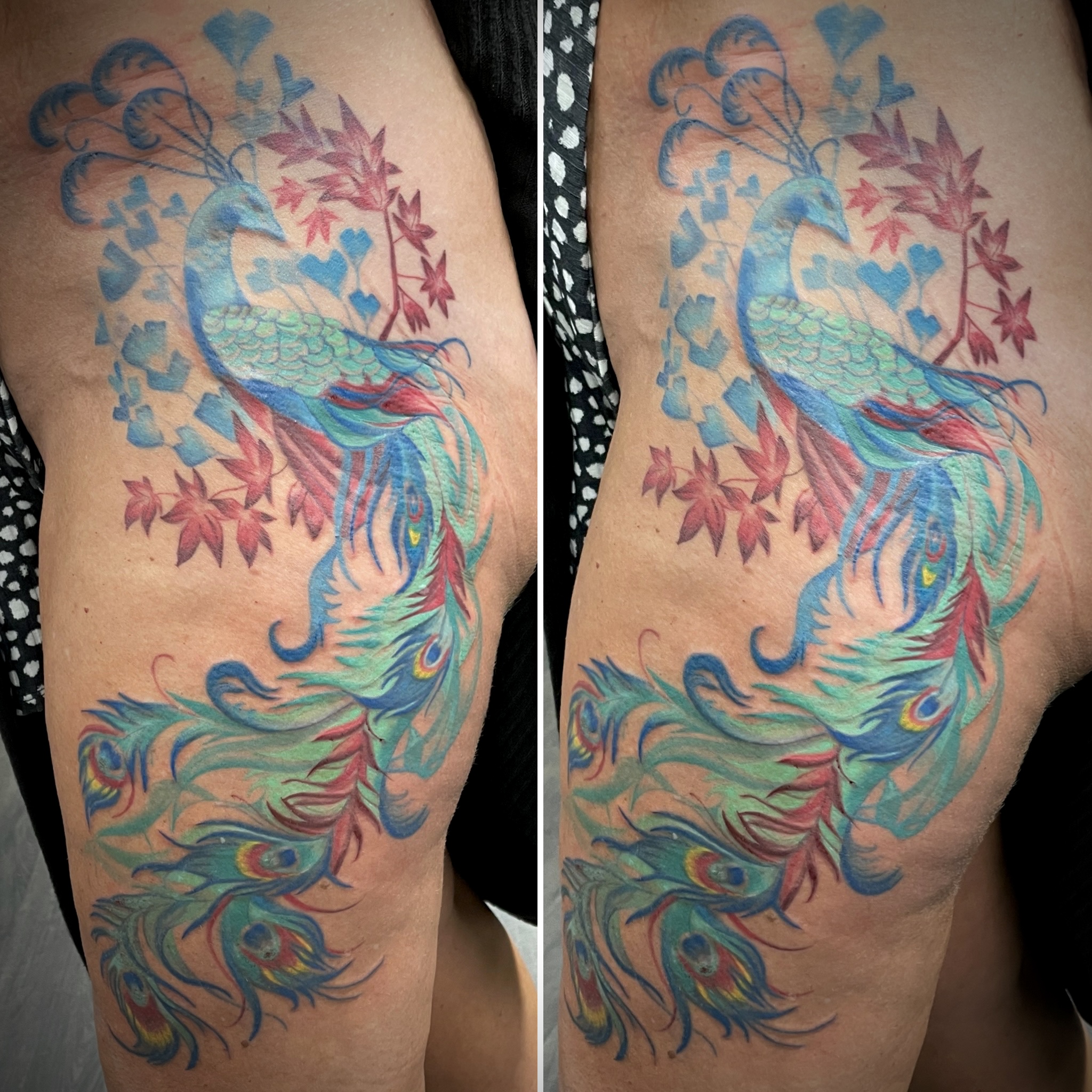 Colour peacock with flowing tail feathers and red maple leaves thigh piece by Matt