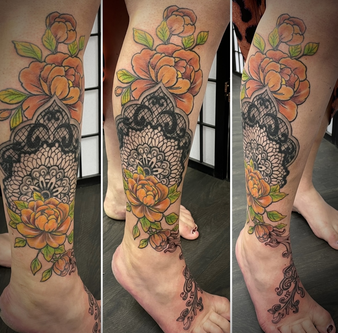 Colour orange peonies with black lace mandala pattern shin to foot piece by Matt