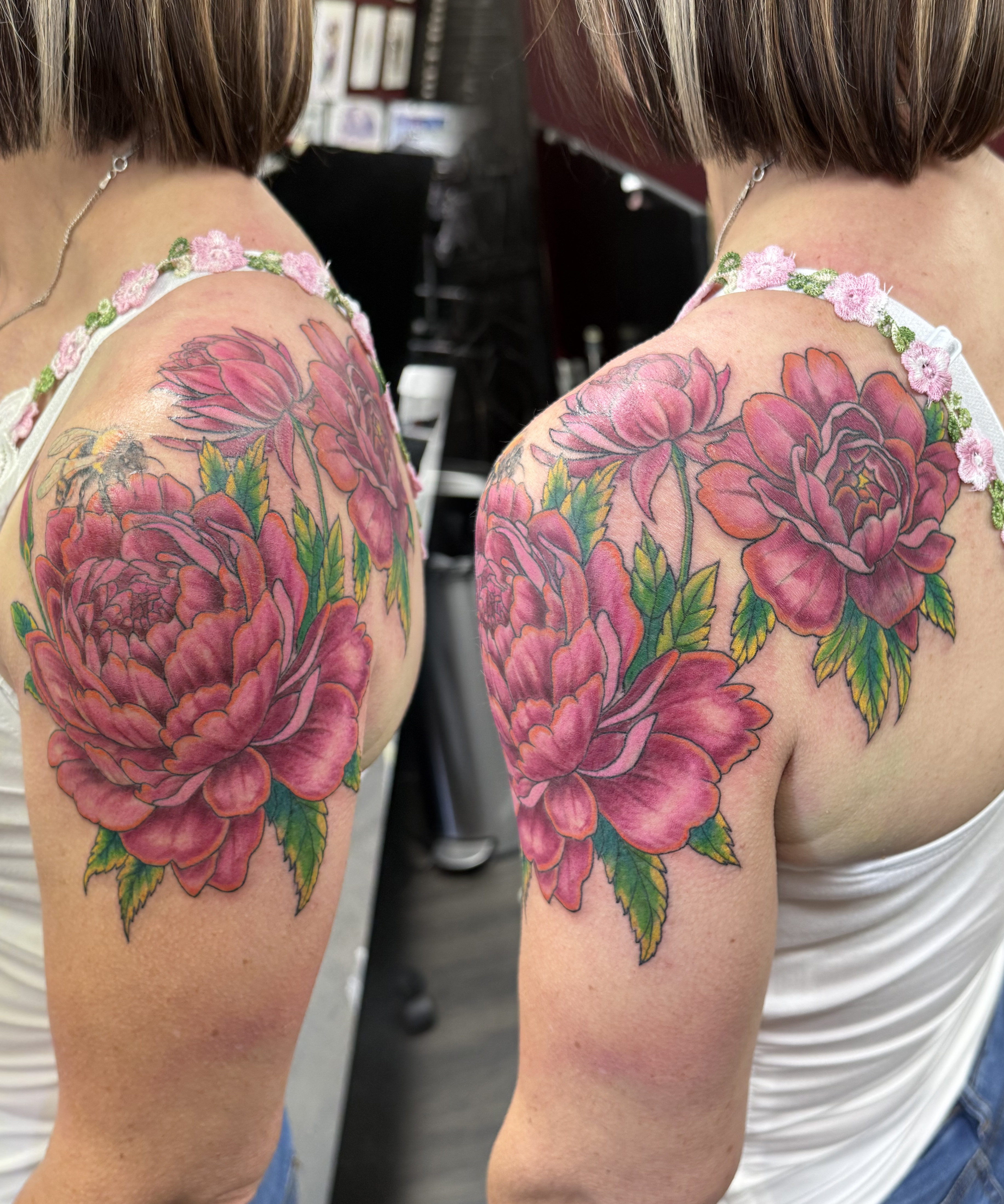 Colour pink peonies with bumblebee shoulder piece by Matt