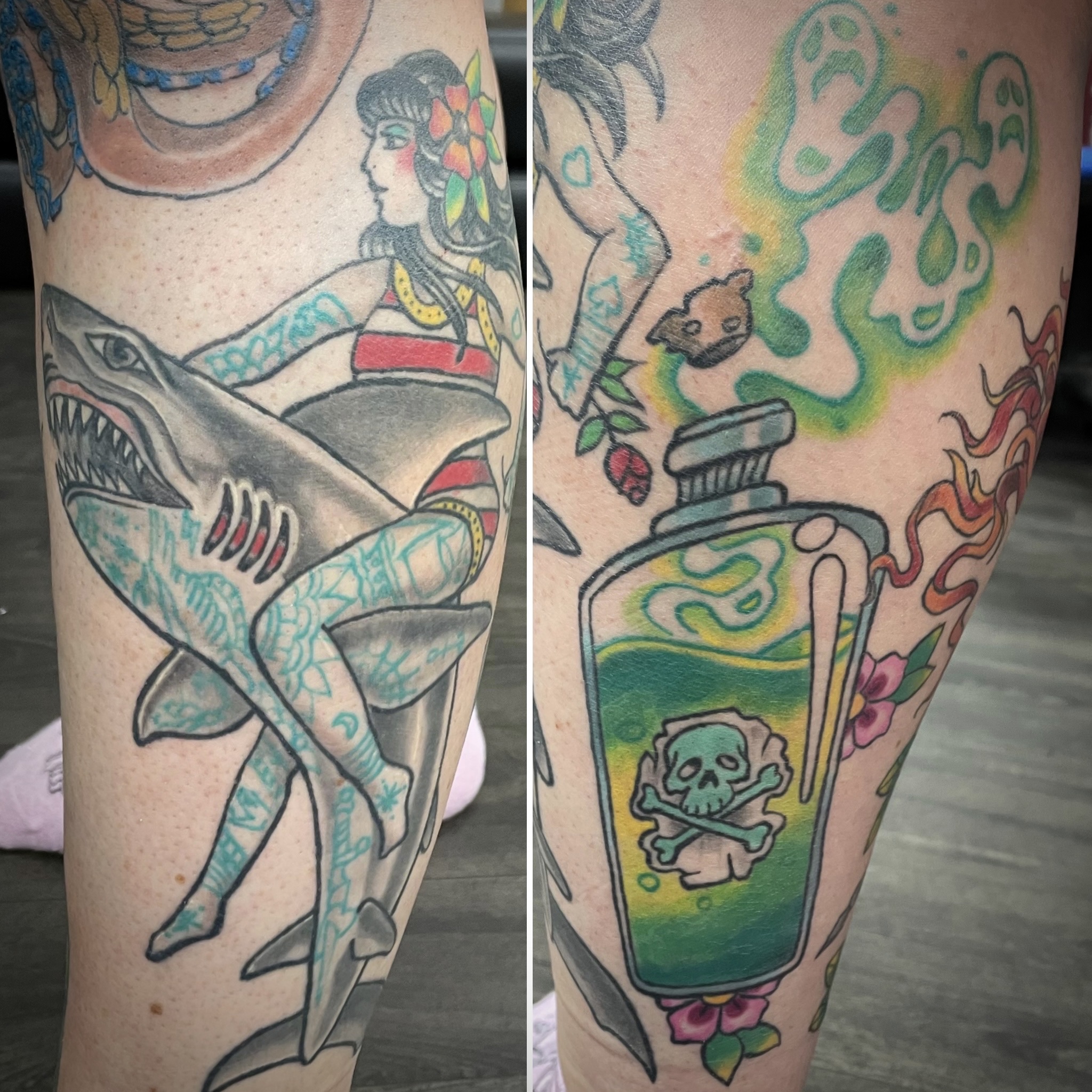 Colour traditional style pin-up girl riding shark and poison bottle with skull and crossbones by Matt