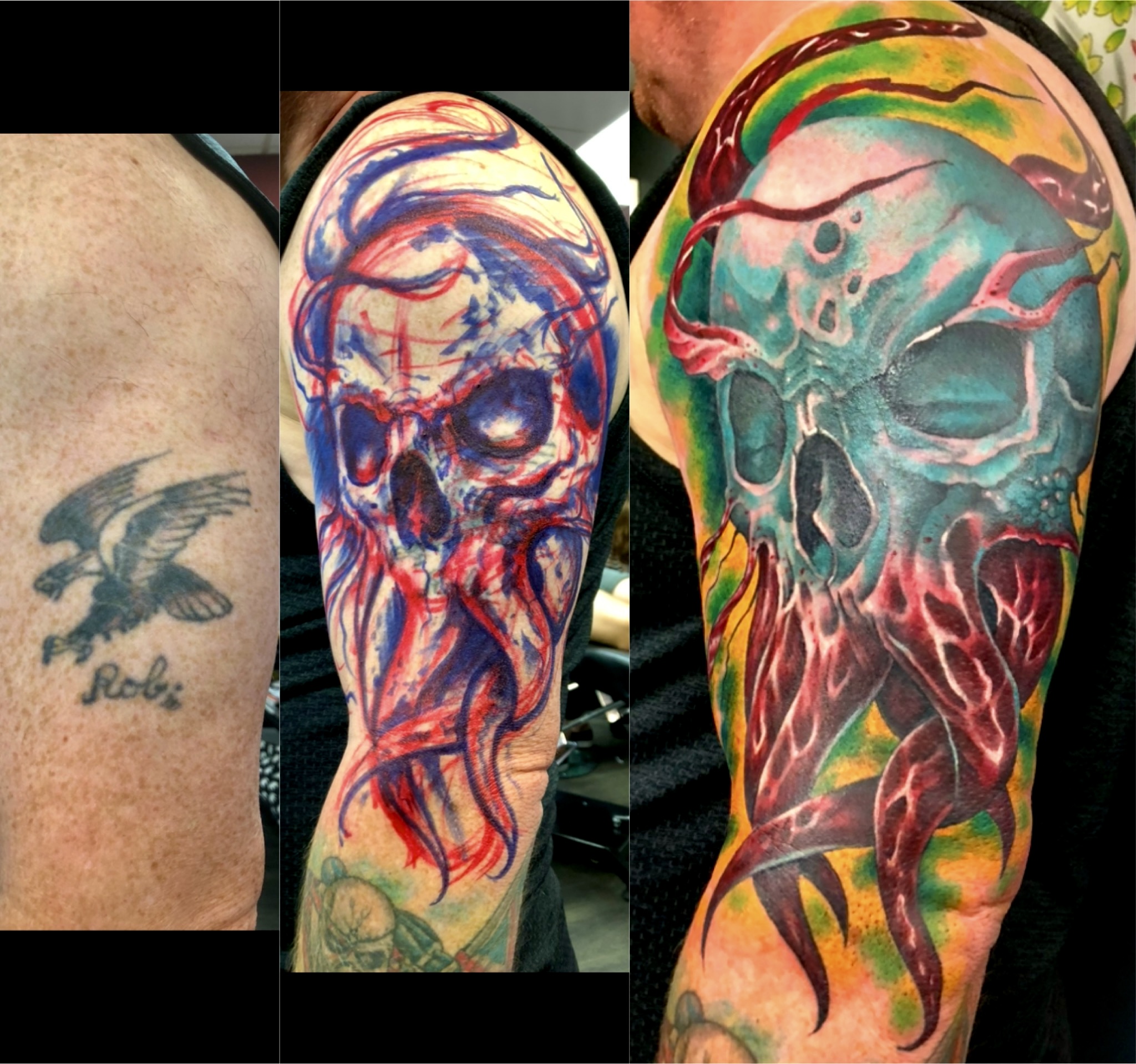 Colour Cthulhu skull cover-up over faded eagle showing before, stencil and finished piece by Ray