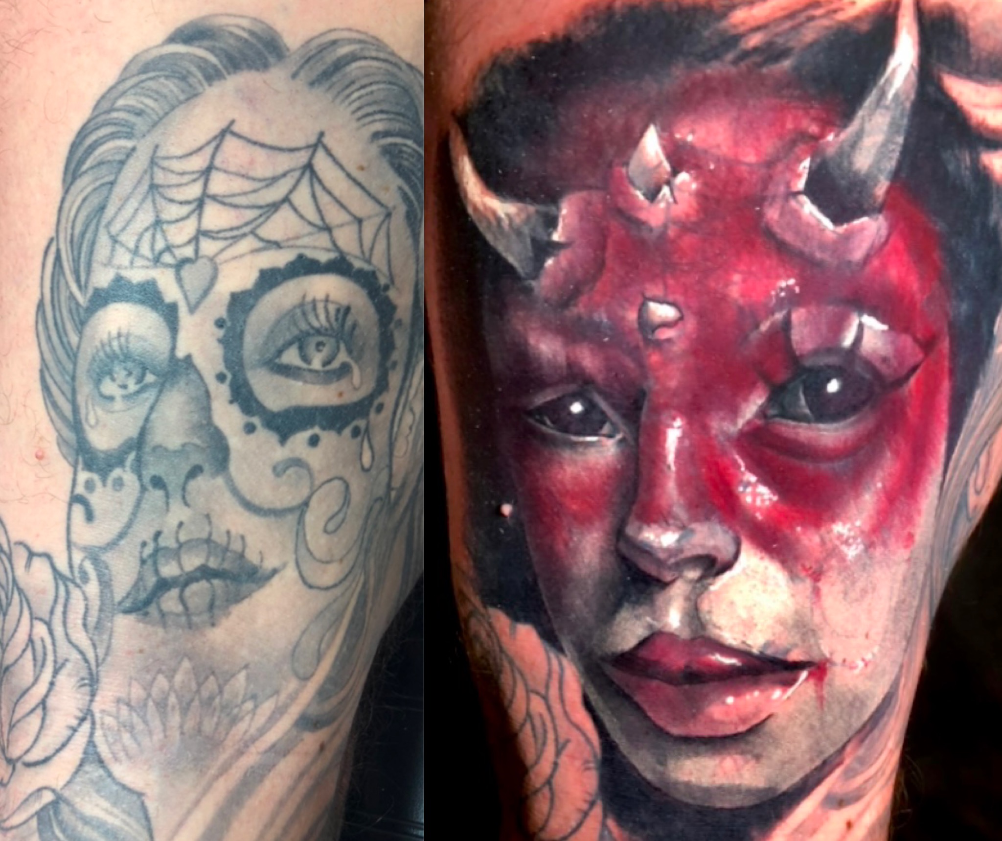 Realistic red devil child portrait cover-up over Day of the Dead girl by Ray