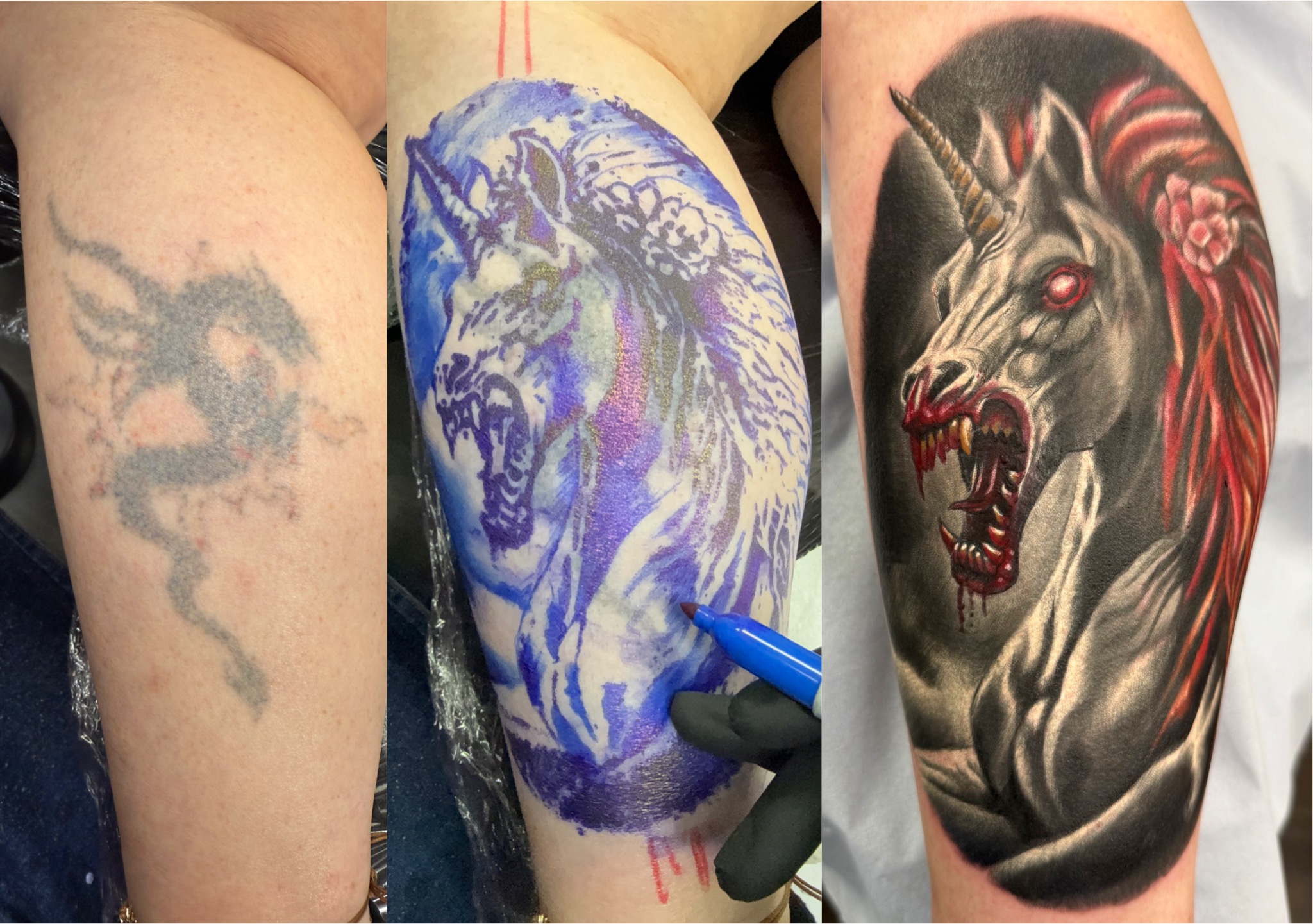 Dark evil unicorn with red mane and glowing eyes cover-up over faded dragon by Ray