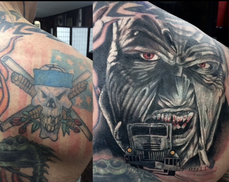 Dark horror face with truck cover-up over skull and flags back piece by Ray