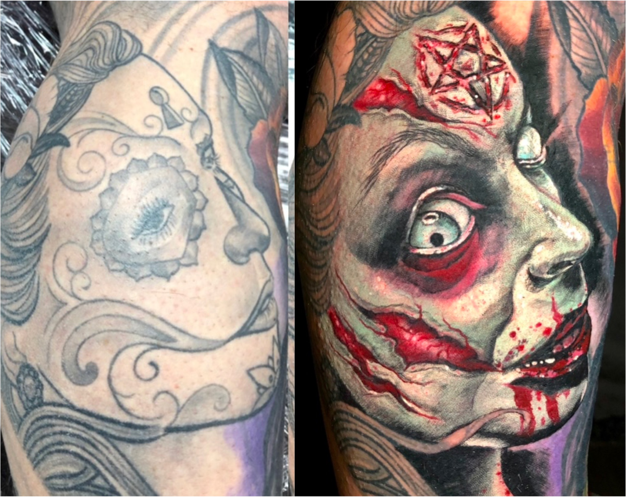 Horror face with pentagram and blood cover-up over Day of the Dead design by Ray
