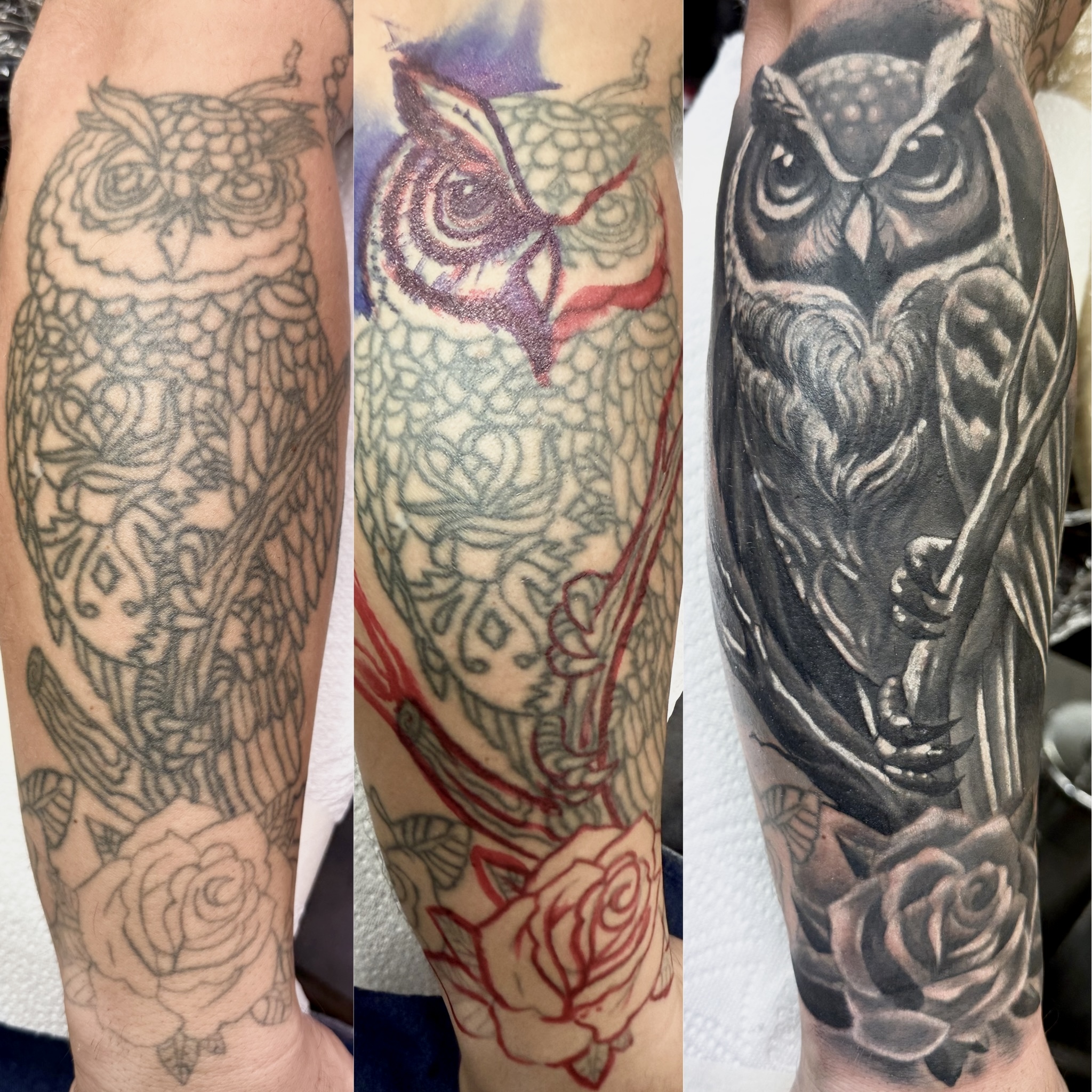 Realistic black and grey owl with roses cover-up over line work owl by Ray