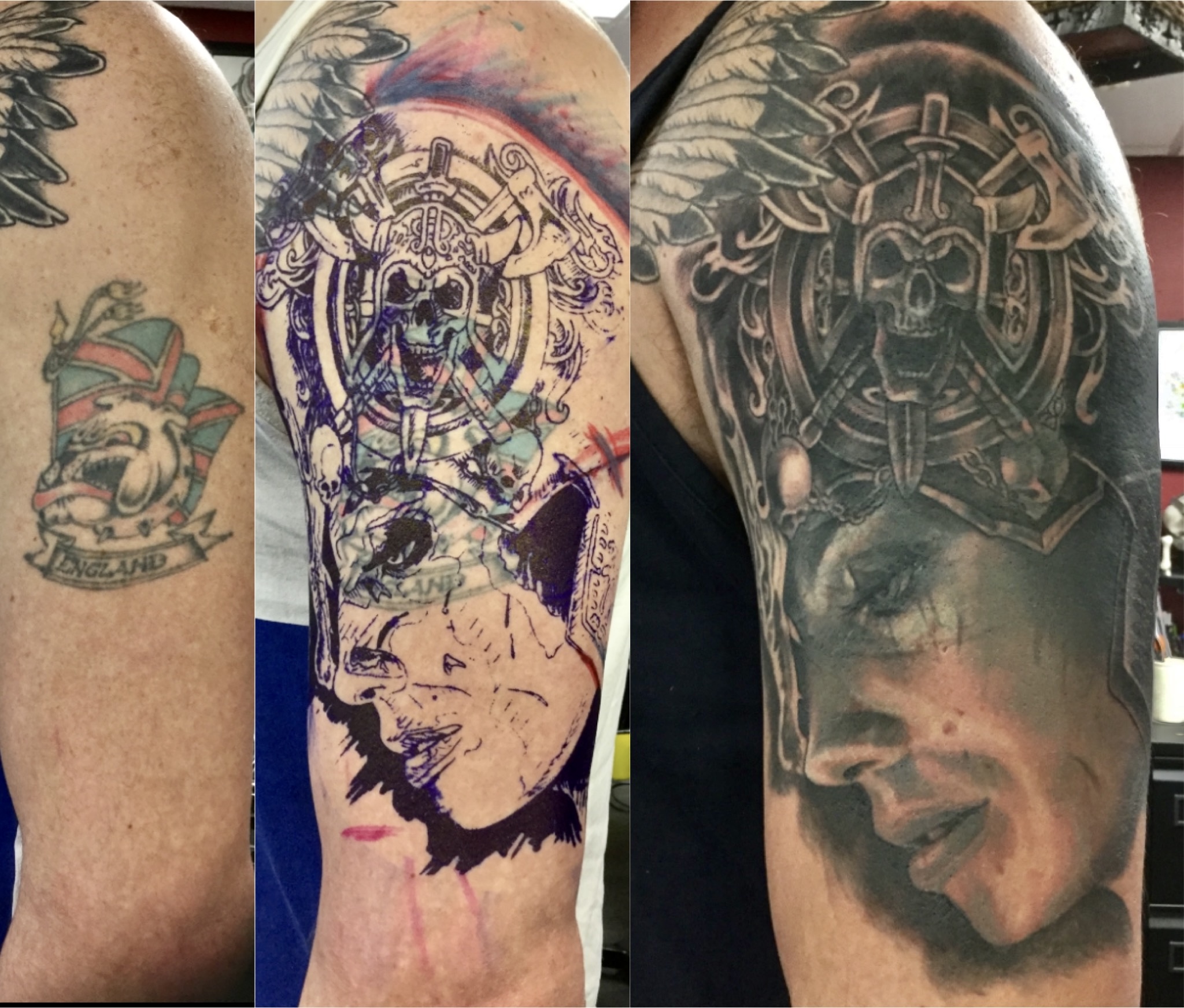 Pirate skull with wings and female portrait cover-up over England bulldog by Ray