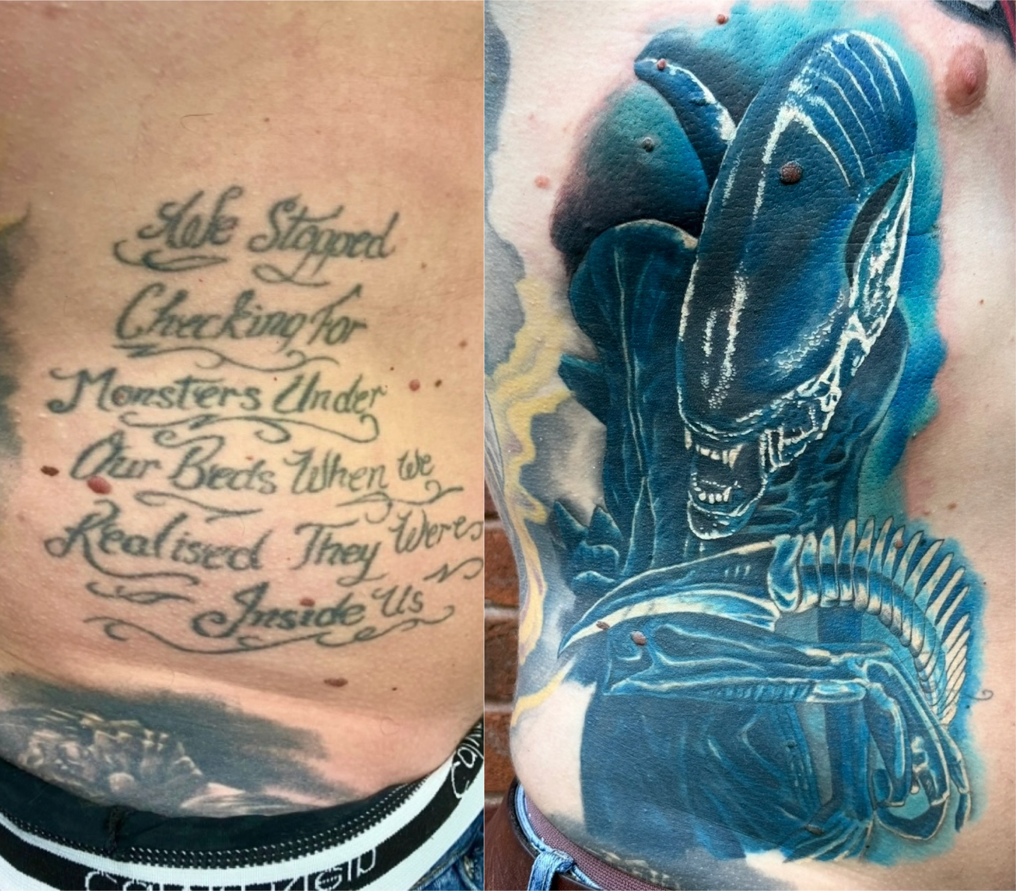 Xenomorph Alien in blue tones cover-up over script text on torso by Ray