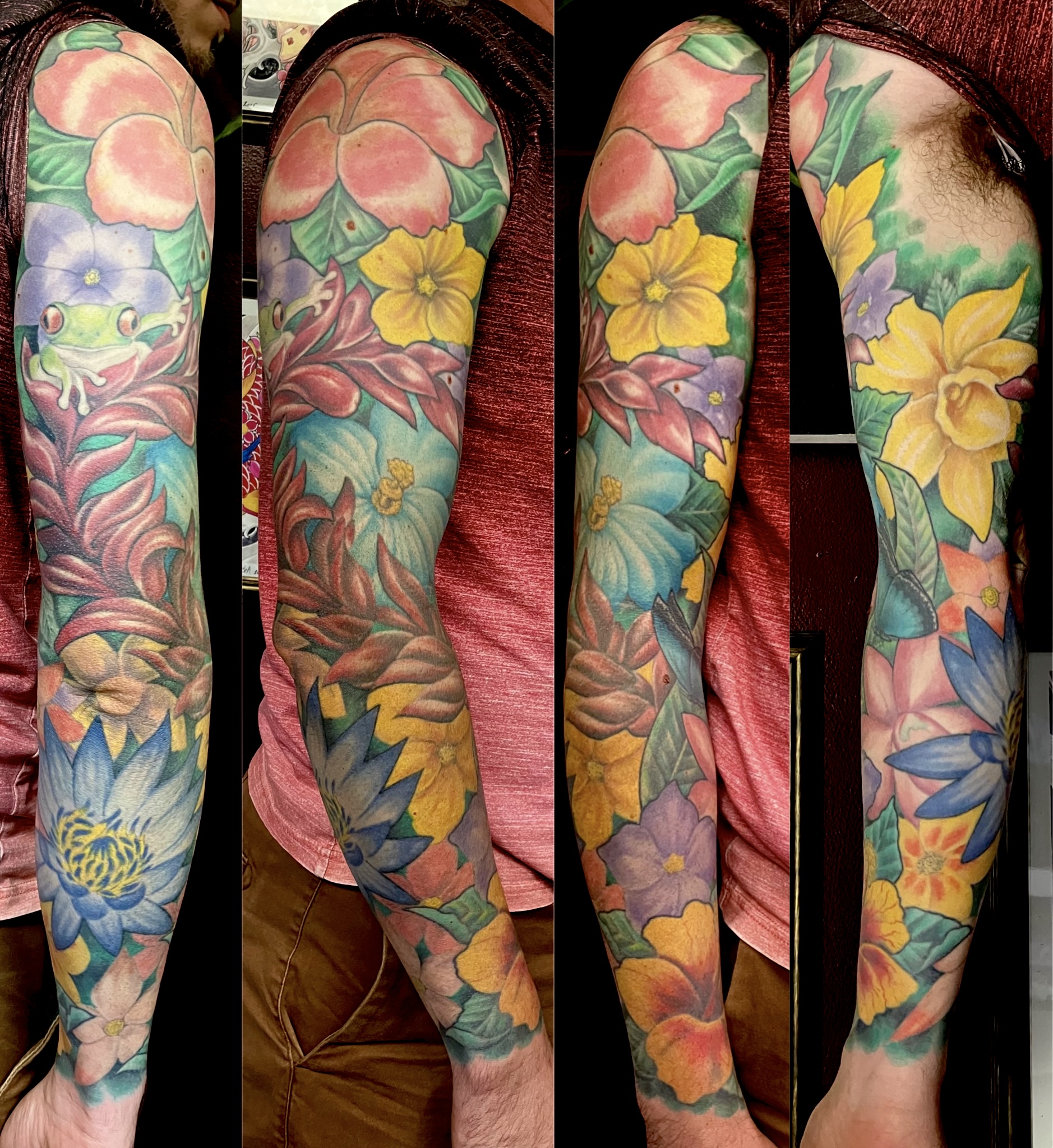 Colour botanical full sleeve with hibiscus, lotus, daffodils and tree frog by Ray
