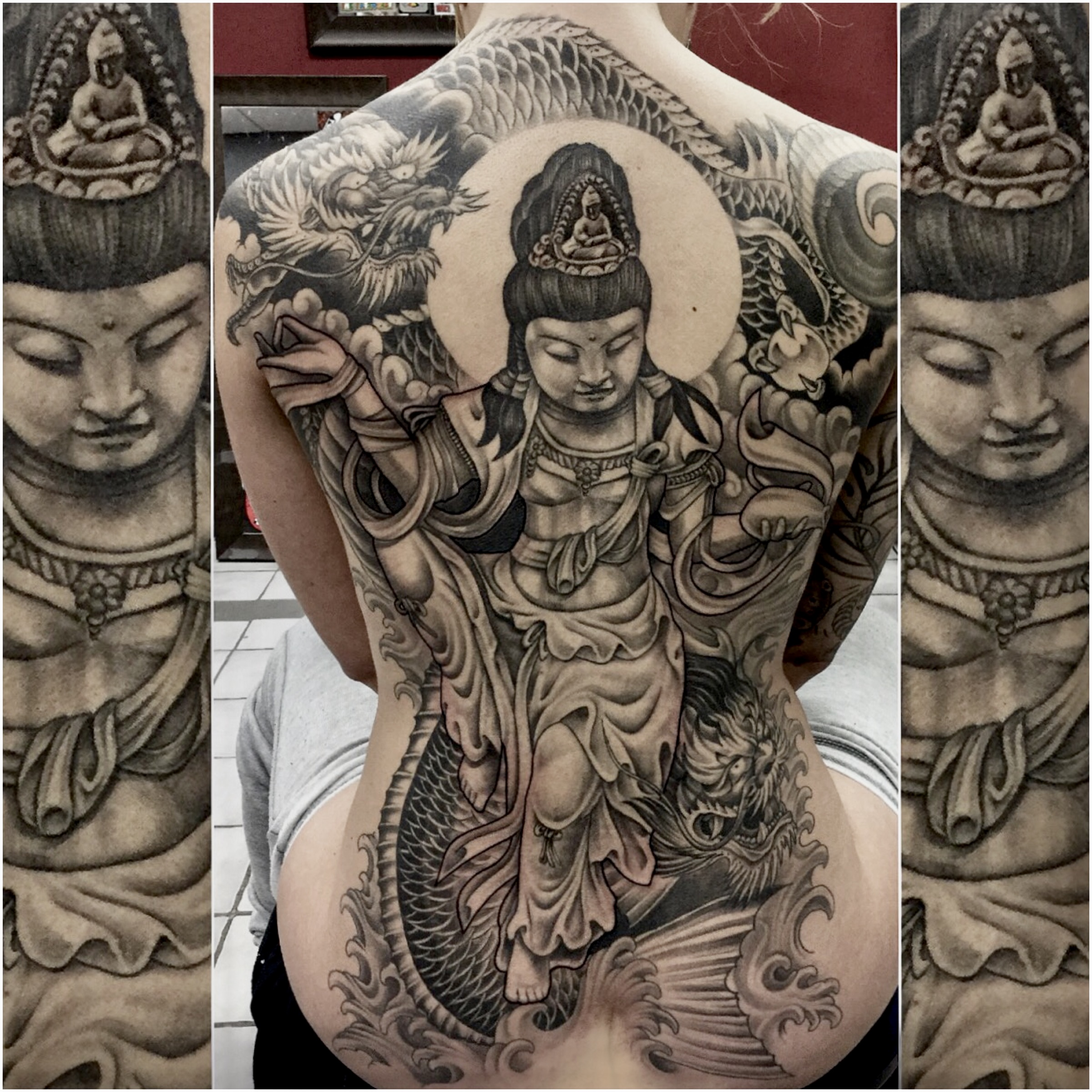 Black and grey Guanyin and dragon full back piece in oriental style by Ray
