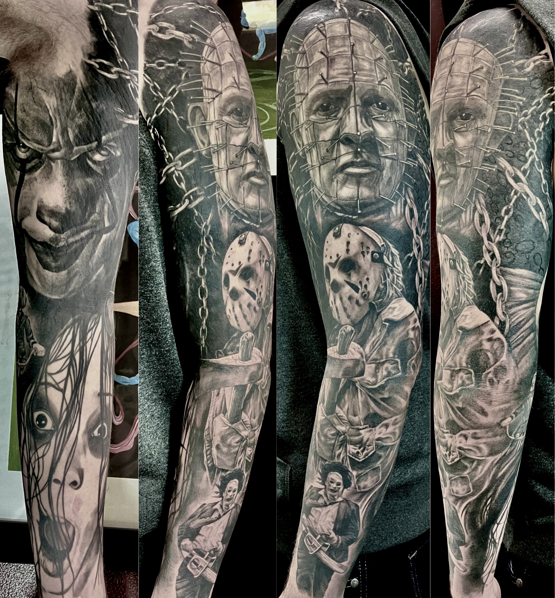Black and grey horror full sleeve featuring Pinhead, Jason Voorhees and Pennywise by Ray
