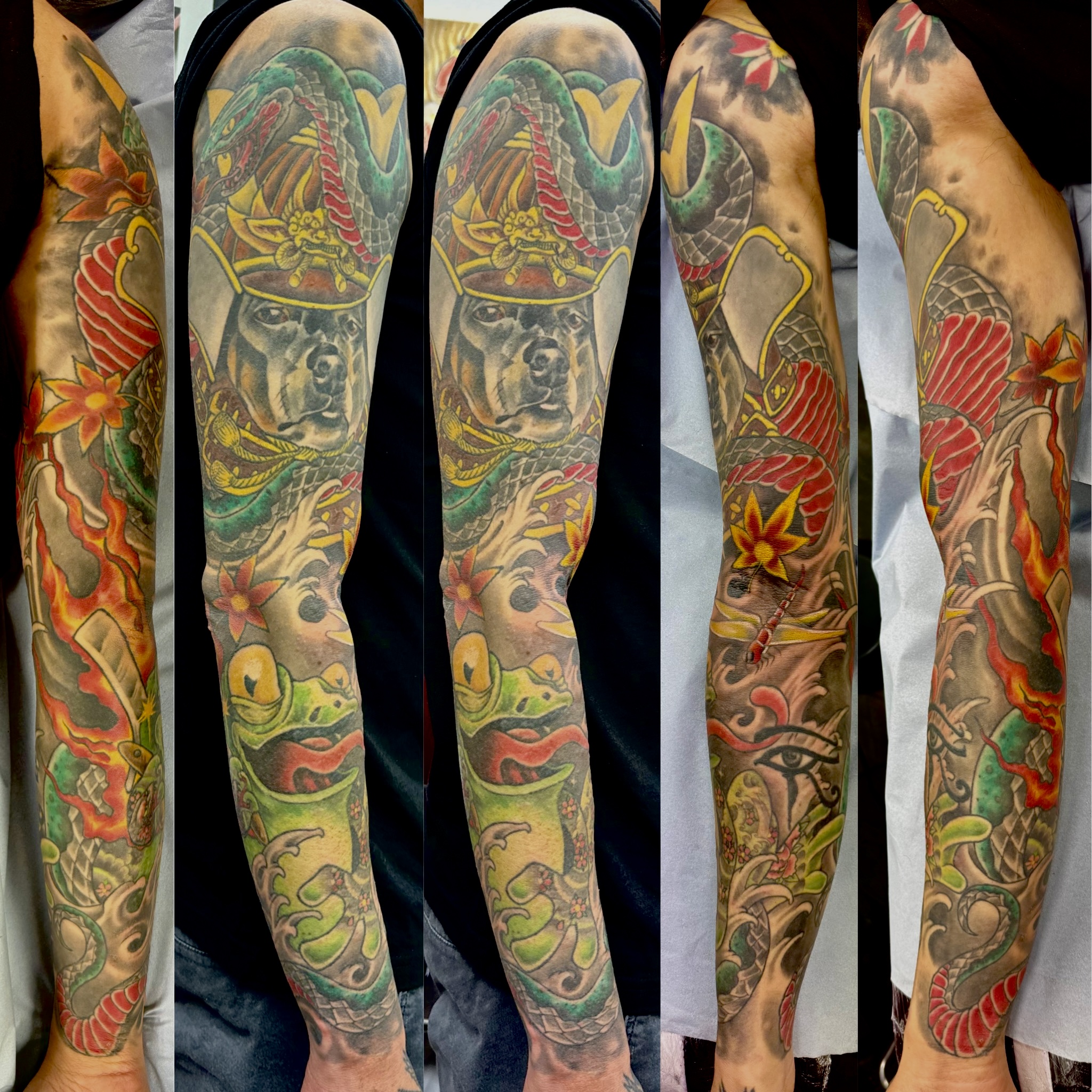 Japanese-inspired colour full sleeve with samurai dog, snake, frog and Eye of Horus by Ray